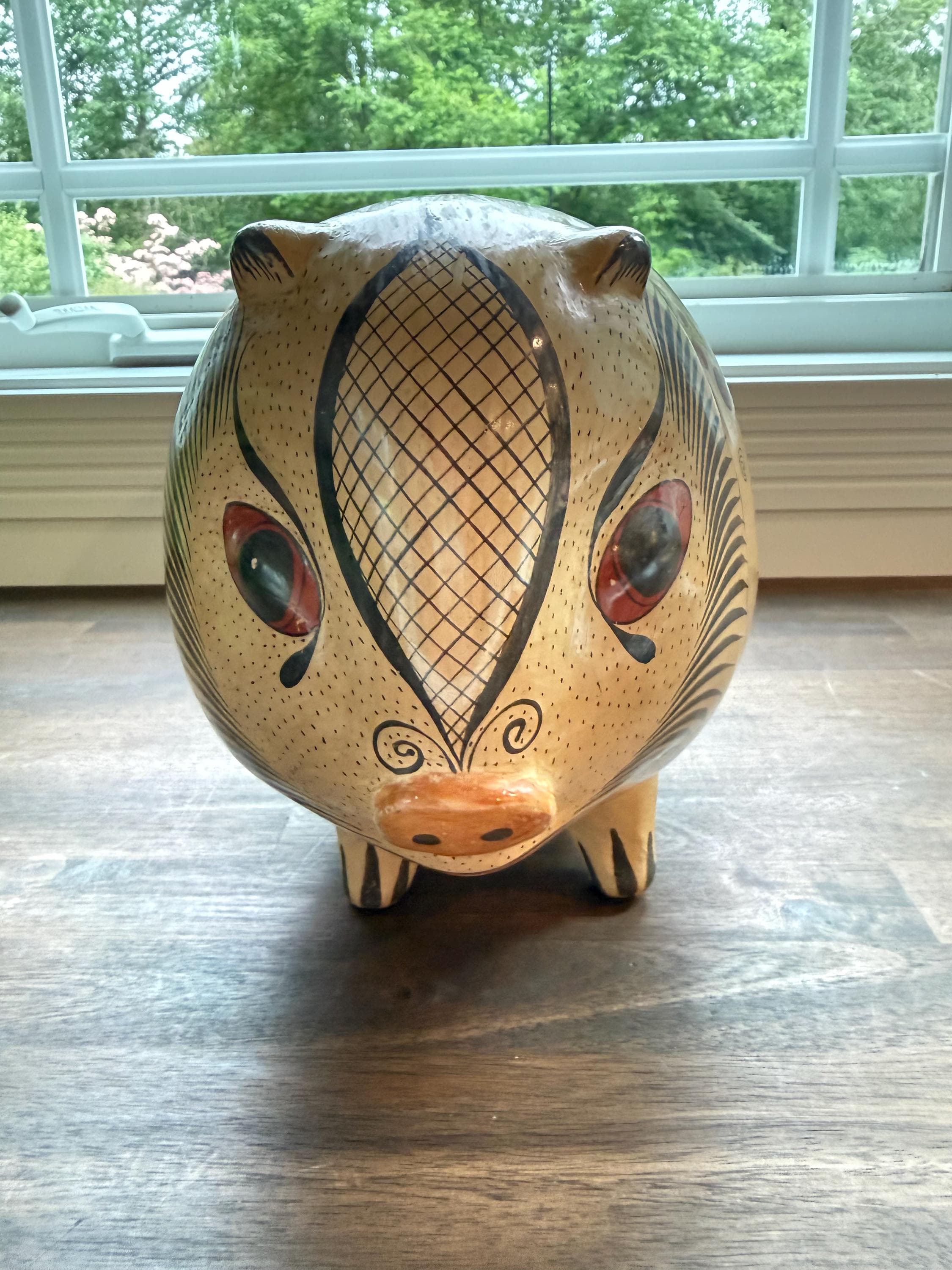 Vintage Tonalá Hand Painted Clay Pig: Mexican Folk Art Hacienda Decor - Thumbnail 3