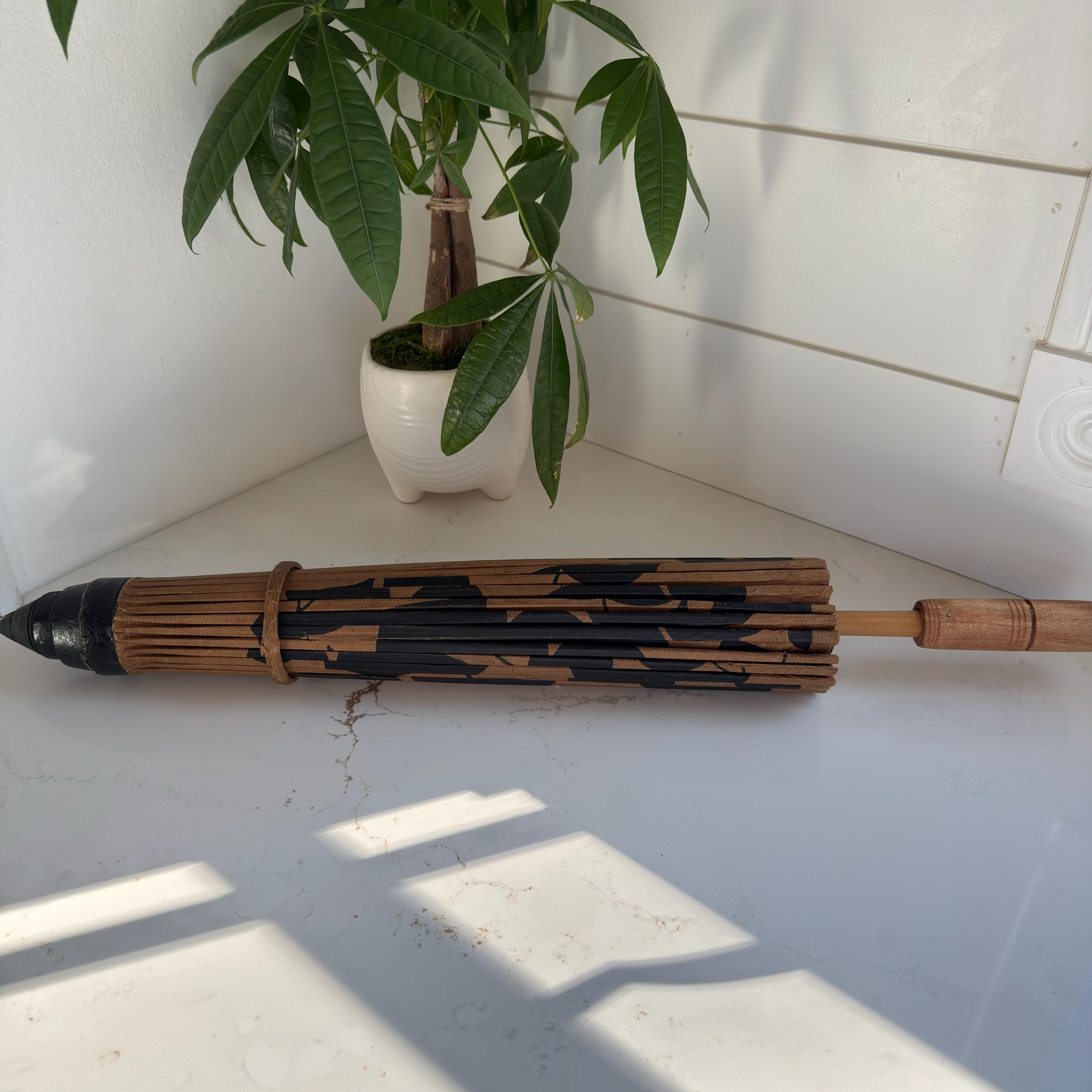 Vintage Japanese Paper Parasol | Hand-Painted Bamboo, Wabi Sabi Decor - Thumbnail 16