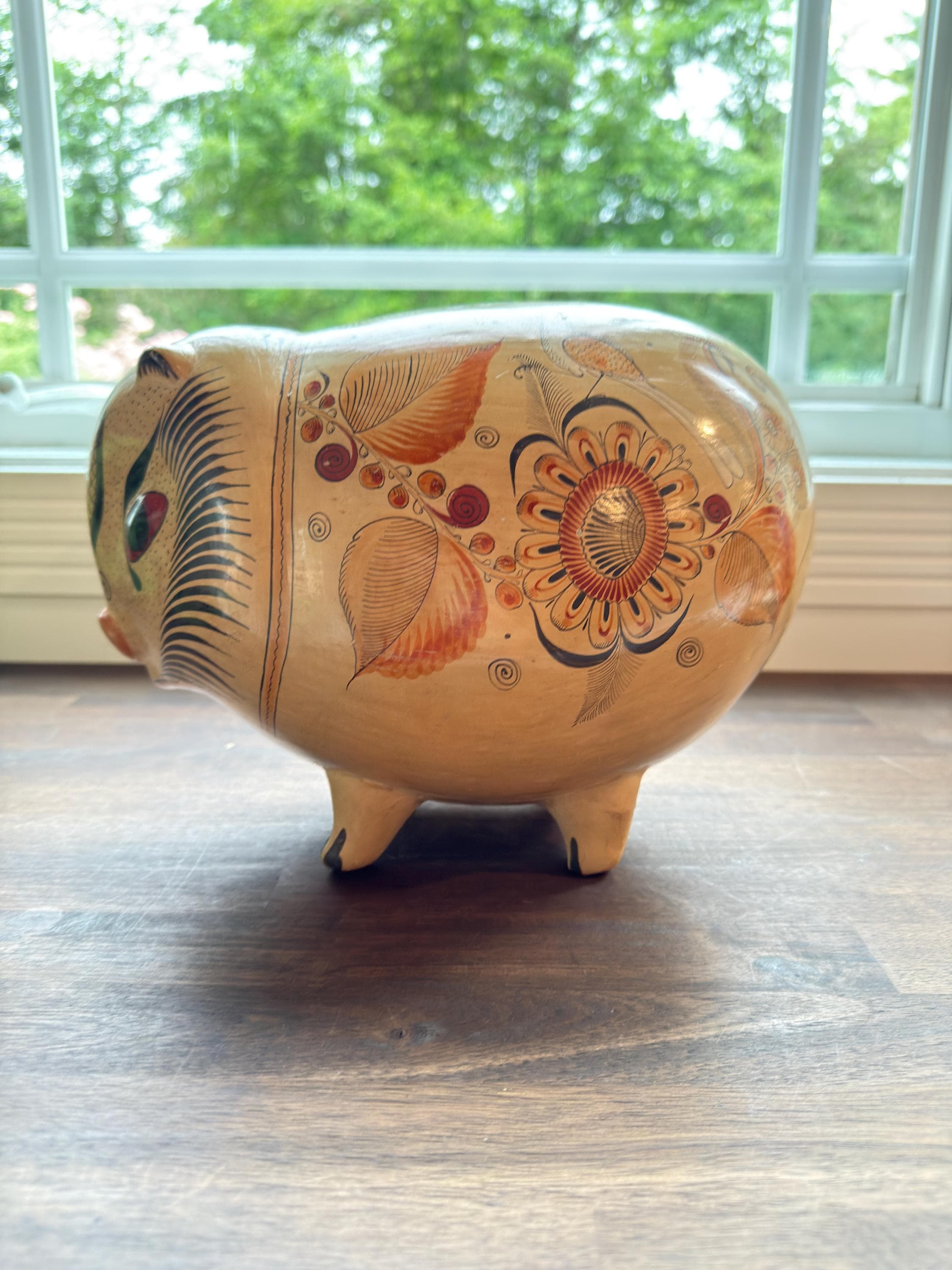 Vintage Tonalá Hand Painted Clay Pig: Mexican Folk Art Hacienda Decor - Thumbnail 4