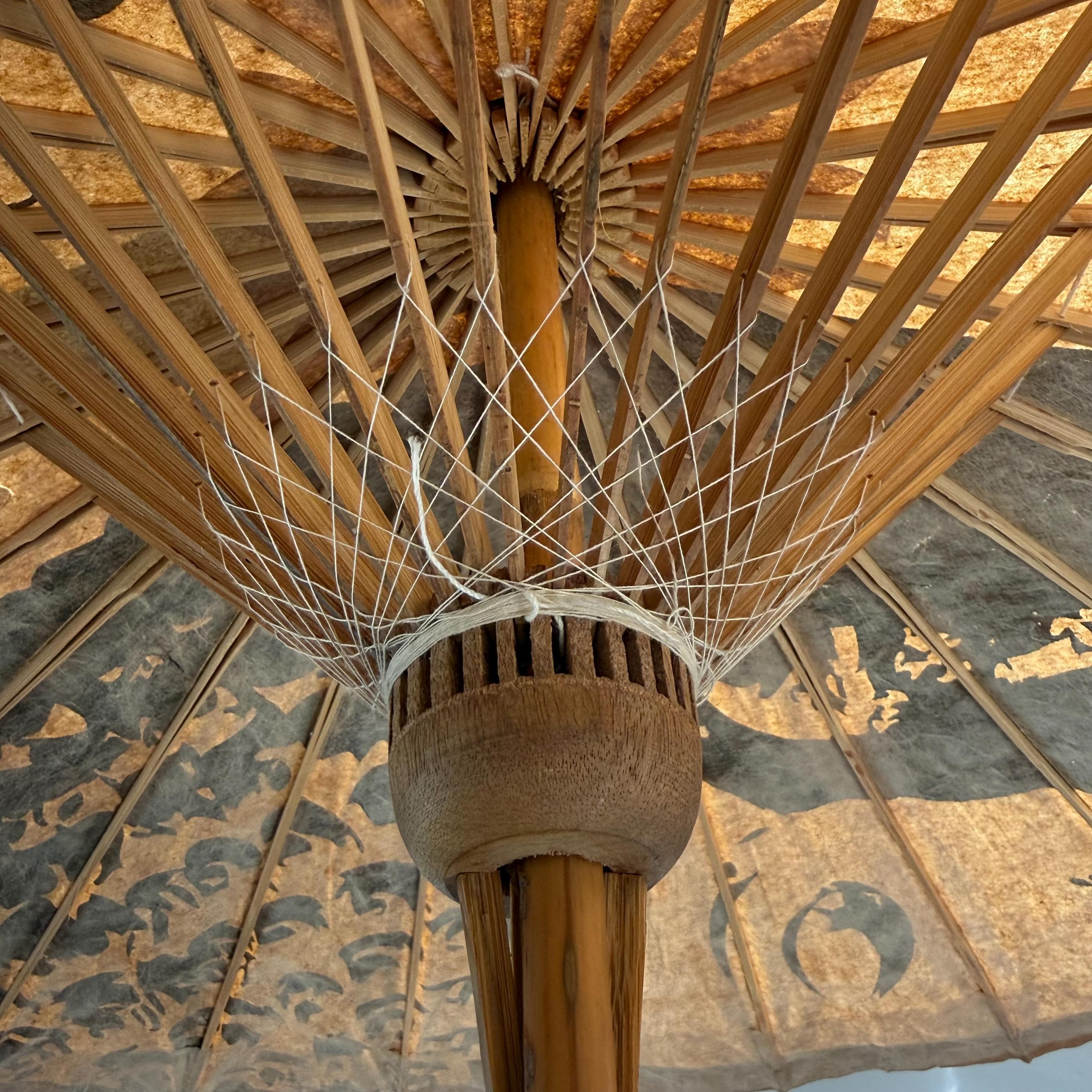 Vintage Japanese Paper Parasol | Hand-Painted Bamboo, Wabi Sabi Decor - Thumbnail 8