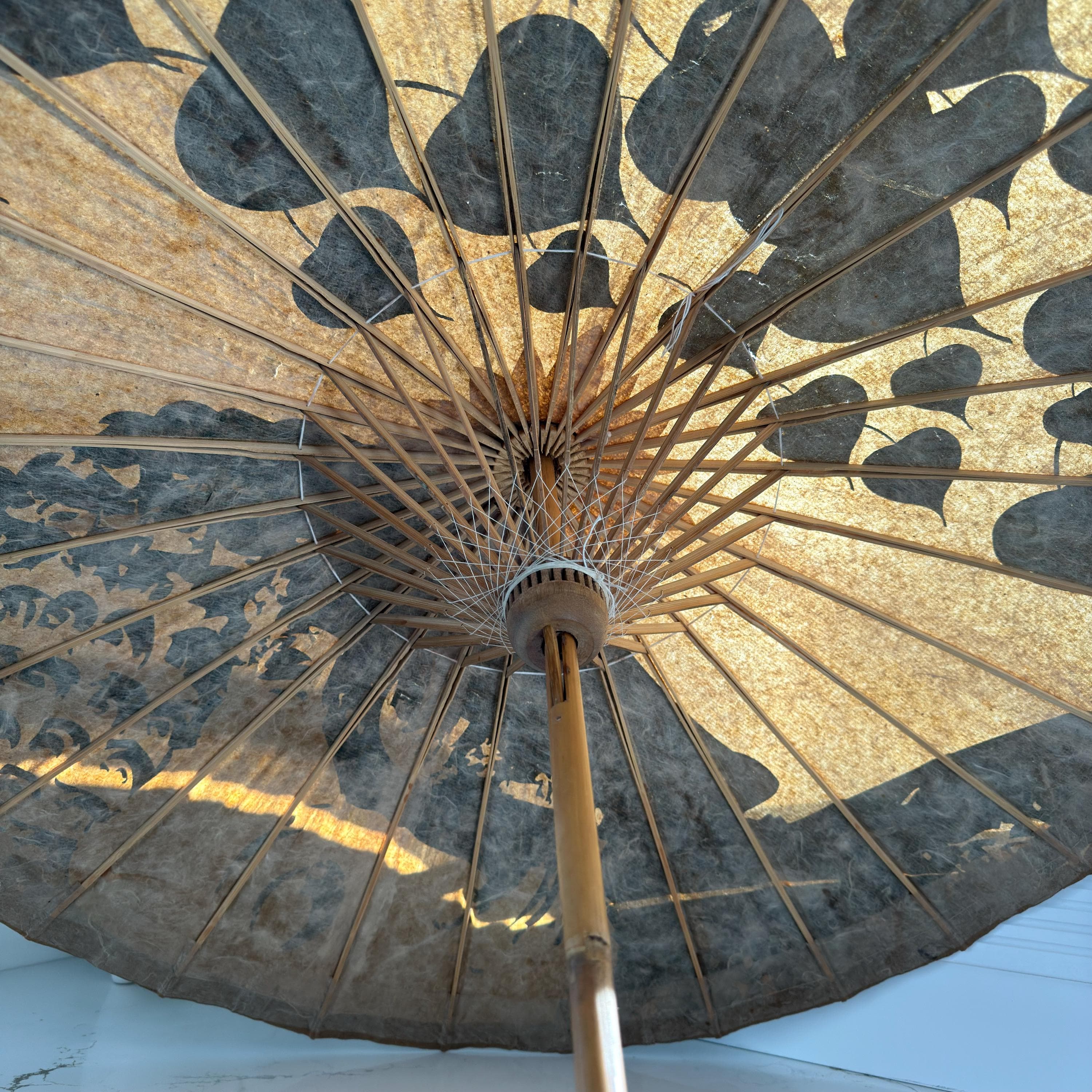 Vintage Japanese Paper Parasol | Hand-Painted Bamboo, Wabi Sabi Decor - Thumbnail 5
