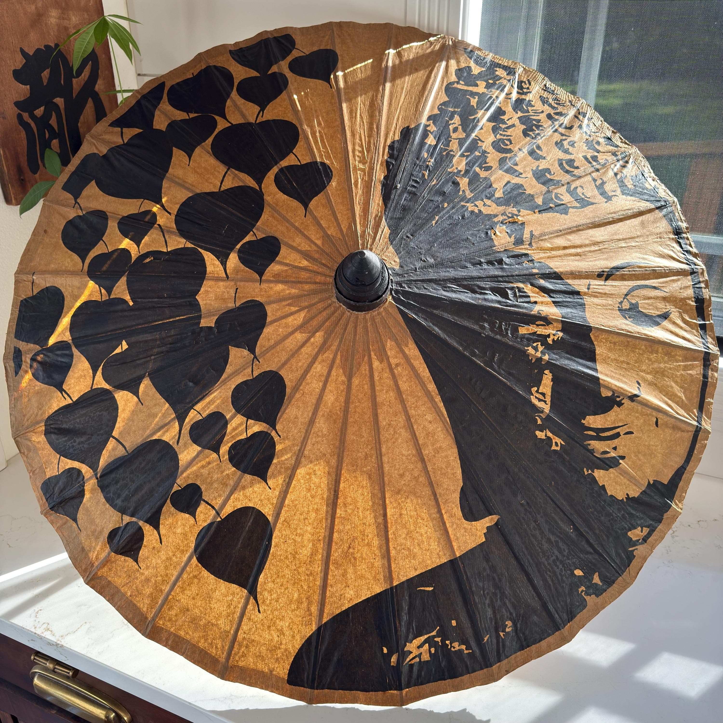 Vintage Japanese Paper Parasol | Hand-Painted Bamboo, Wabi Sabi Decor - Thumbnail 2