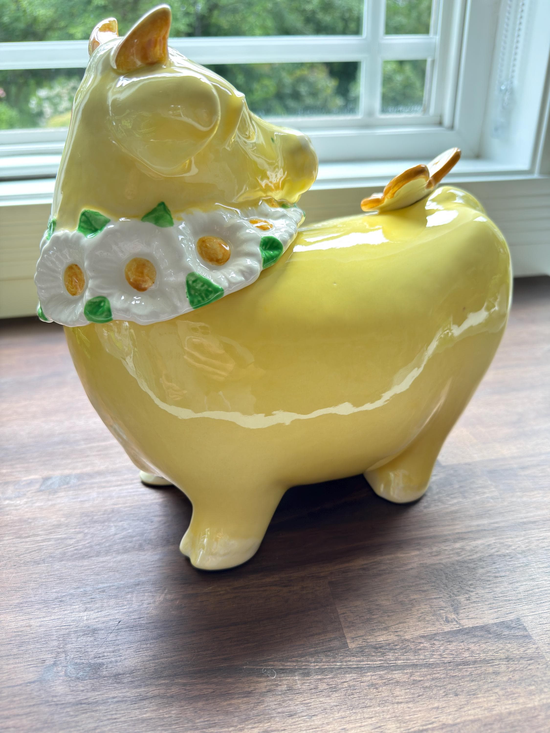 Vintage Metlox Poppytrail Daisy Bull Horn Cow Cookie Jar Yellow Butterfly California Pottery - Thumbnail 5