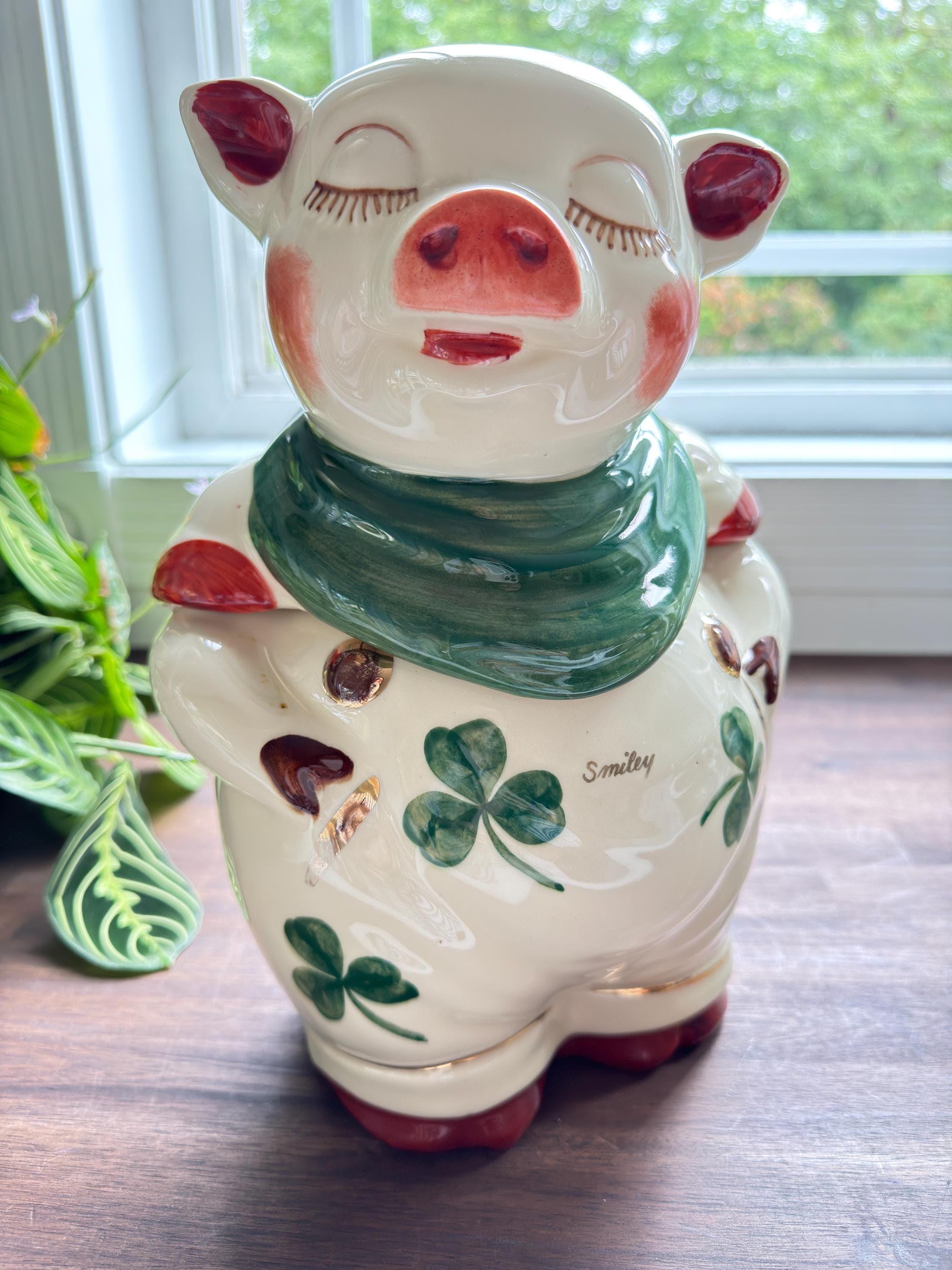 Vintage Shawnee Smiley Pig Cookie Jar Shamrock Clover Pattern Irish Kitchen Decor | Repaired - Thumbnail 2