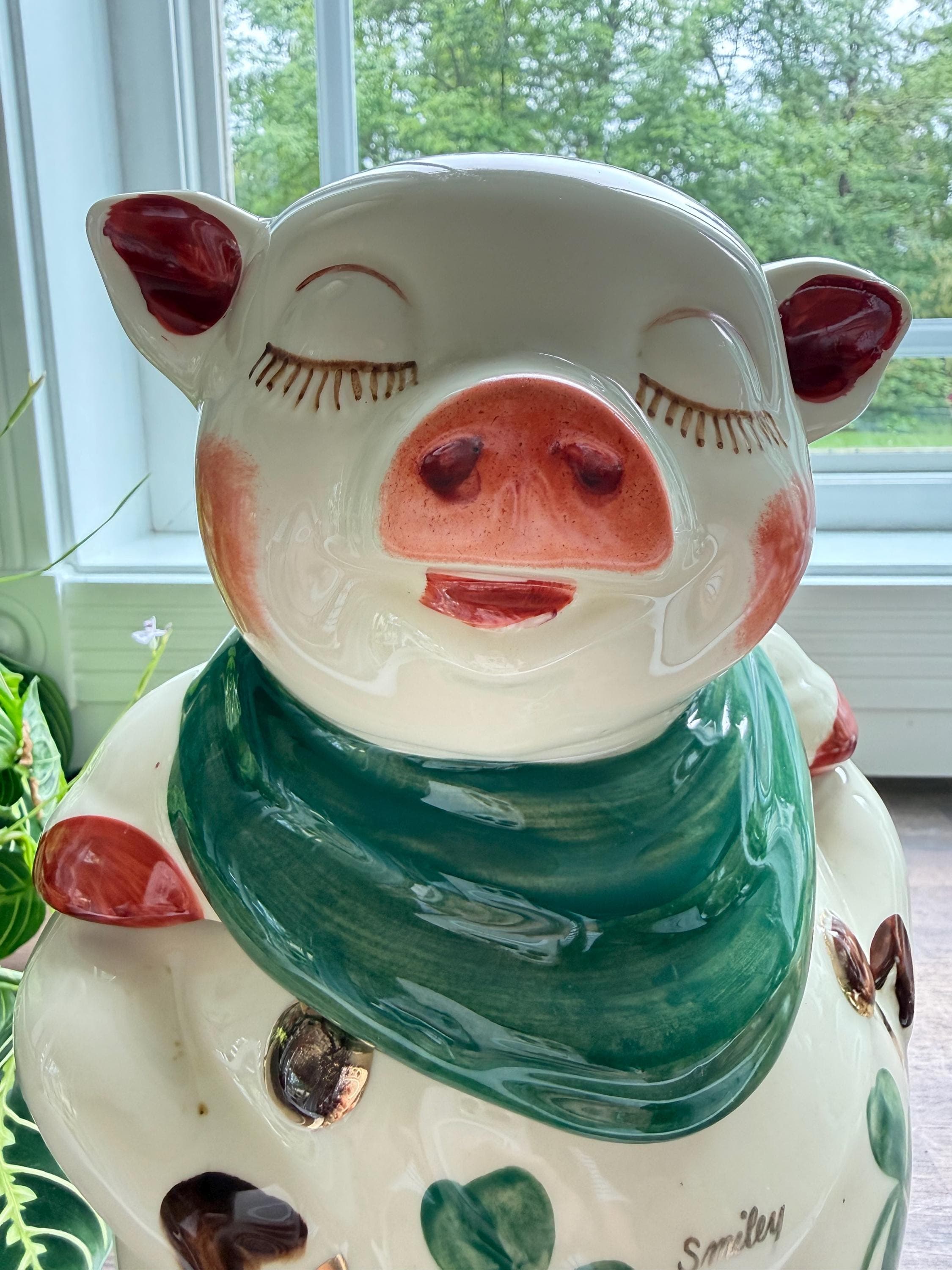 Vintage Shawnee Smiley Pig Cookie Jar Shamrock Clover Pattern Irish Kitchen Decor | Repaired - Thumbnail 3