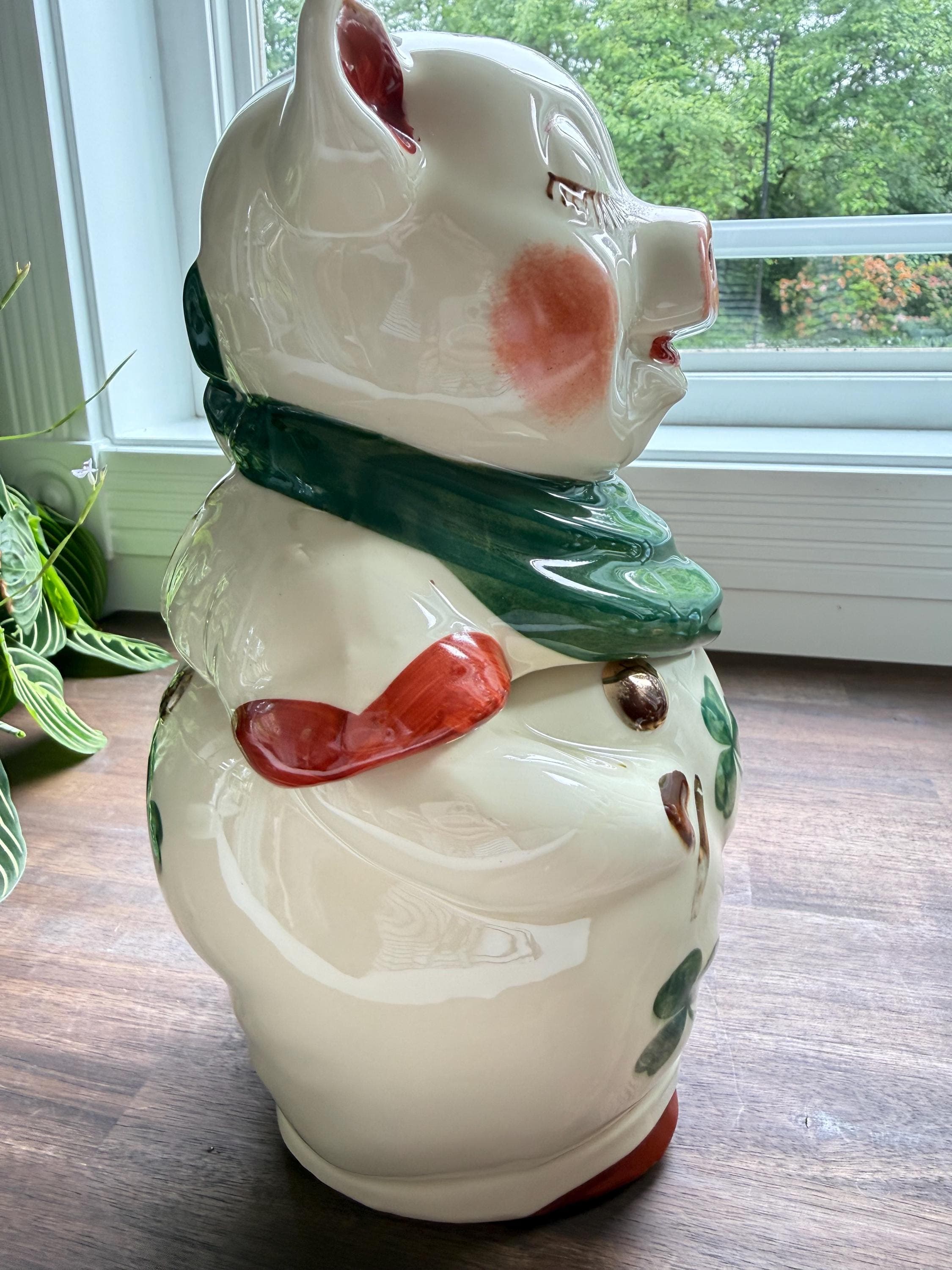 Vintage Shawnee Smiley Pig Cookie Jar Shamrock Clover Pattern Irish Kitchen Decor | Repaired - Thumbnail 5