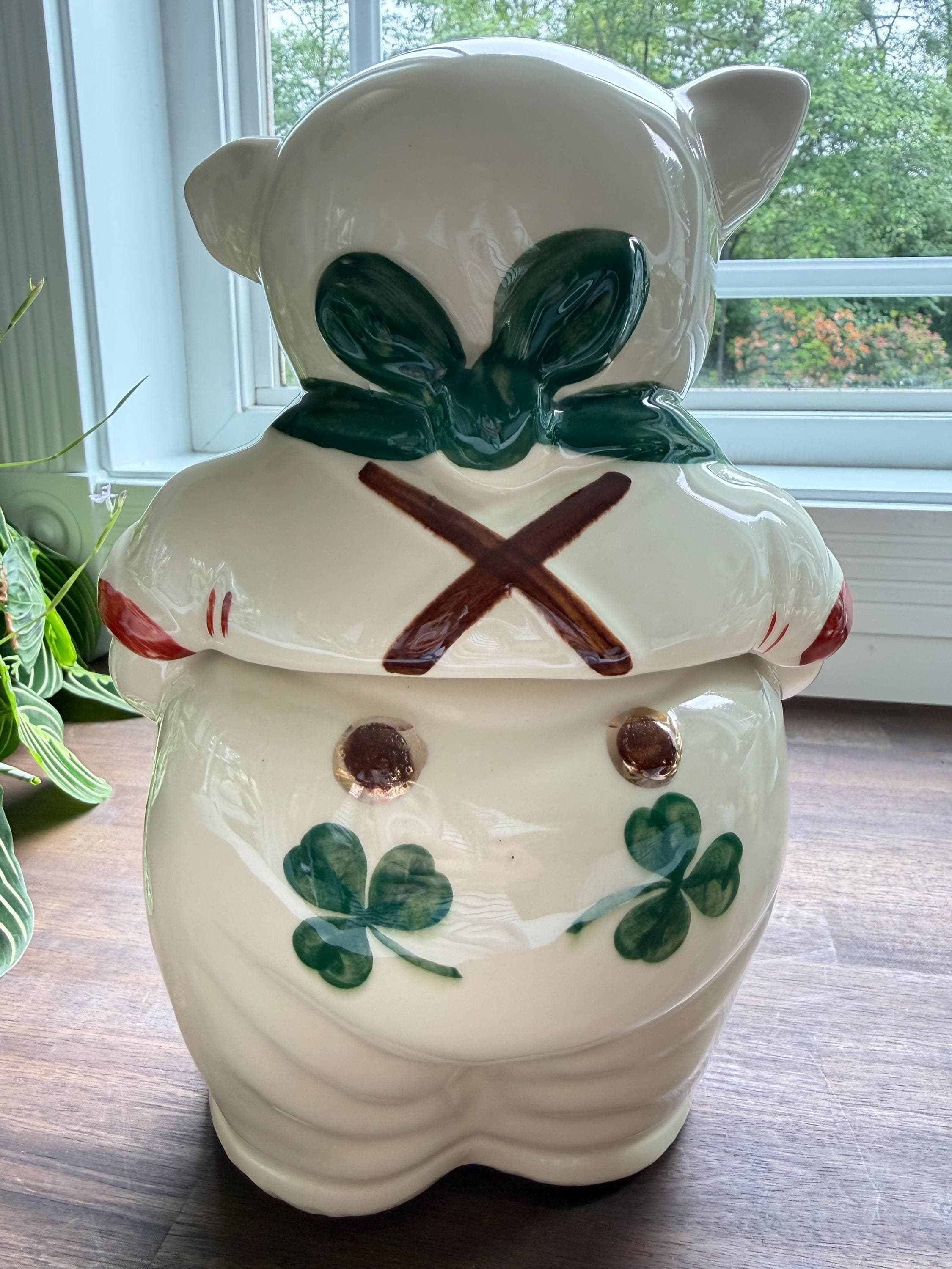 Vintage Shawnee Smiley Pig Cookie Jar Shamrock Clover Pattern Irish Kitchen Decor | Repaired - Thumbnail 7