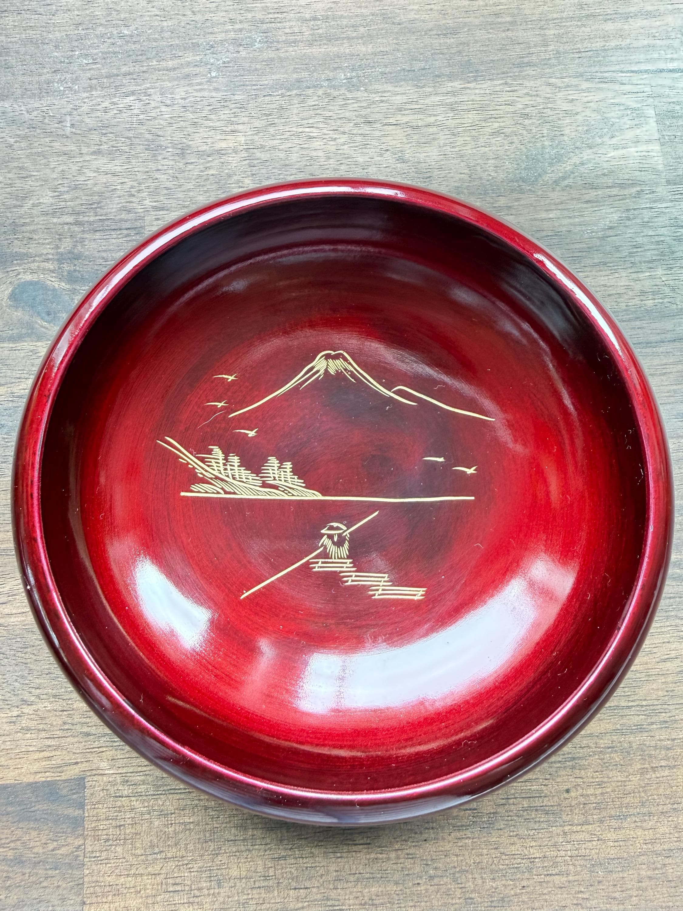 Vintage Japanese Red Lacquerware Salad Bowl Set Mt Fuji Gold Hand Painted 8 Pieces - Thumbnail 11