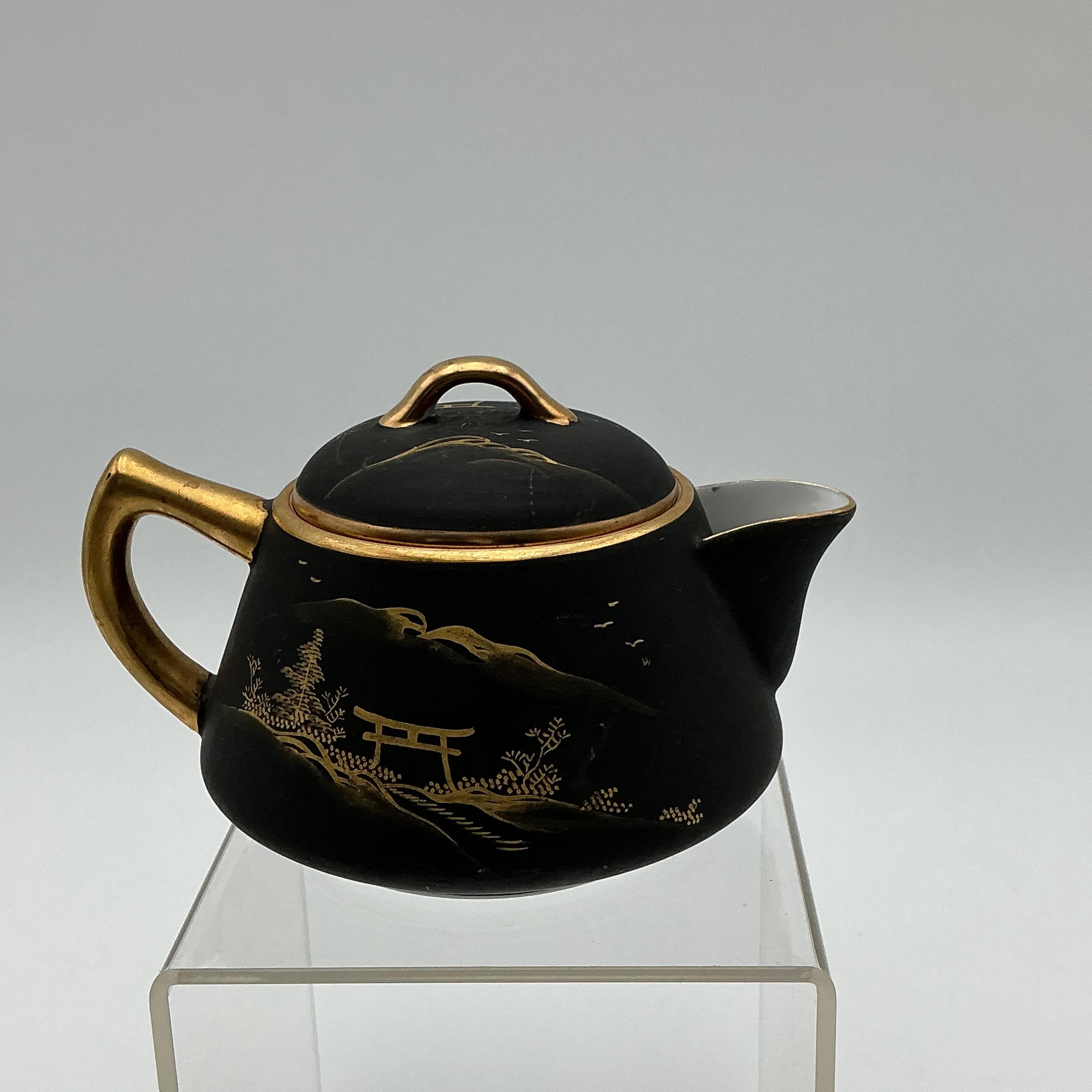 Vintage Kutani Tea Set – Matte Black 24k Gold Hand Painted Japanese Teapot Cup Tray - Thumbnail 14