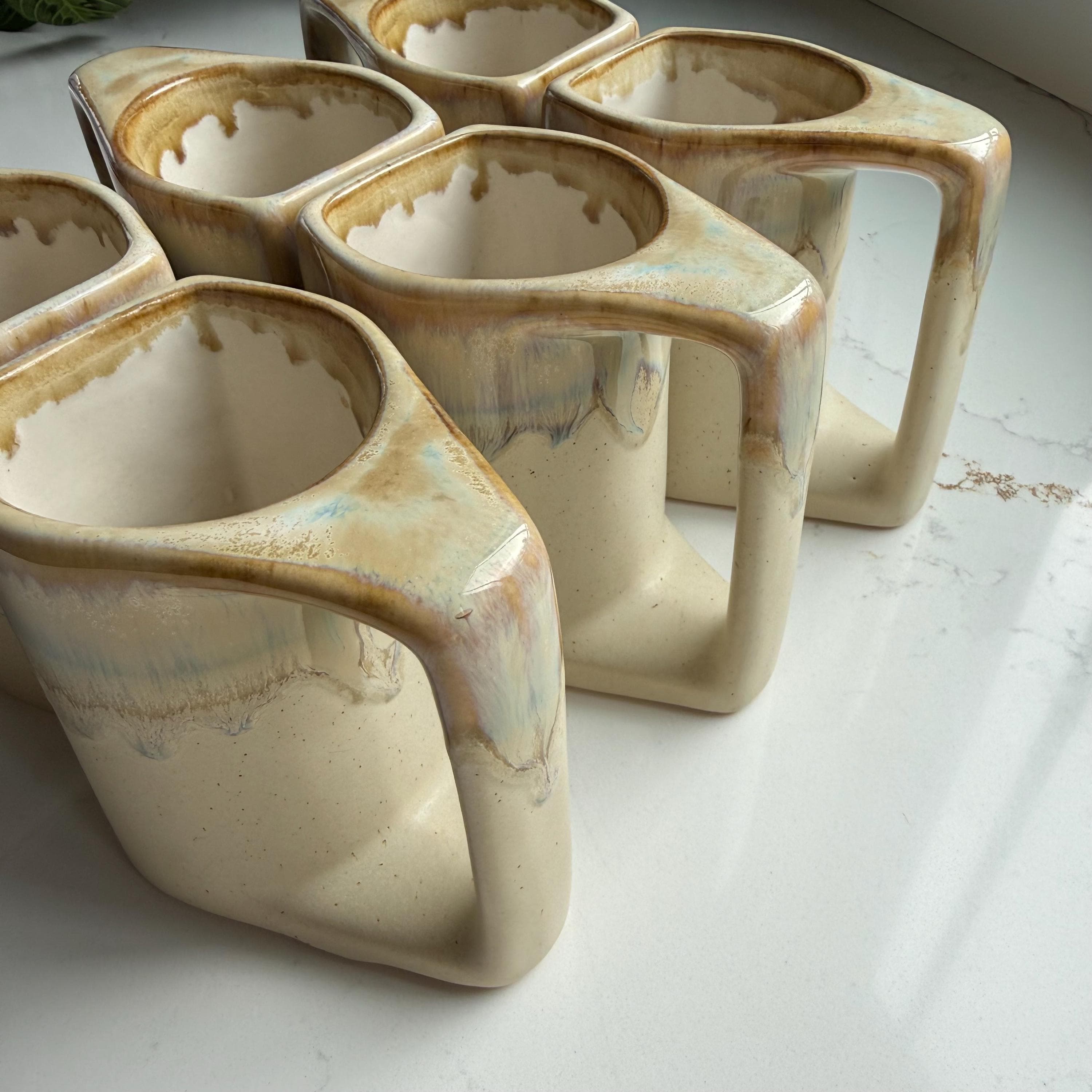 Vintage Rodolfo Padilla Signed Stacking 6 Mug Set Ceramic Stoneware and Wood Stand - Thumbnail 6