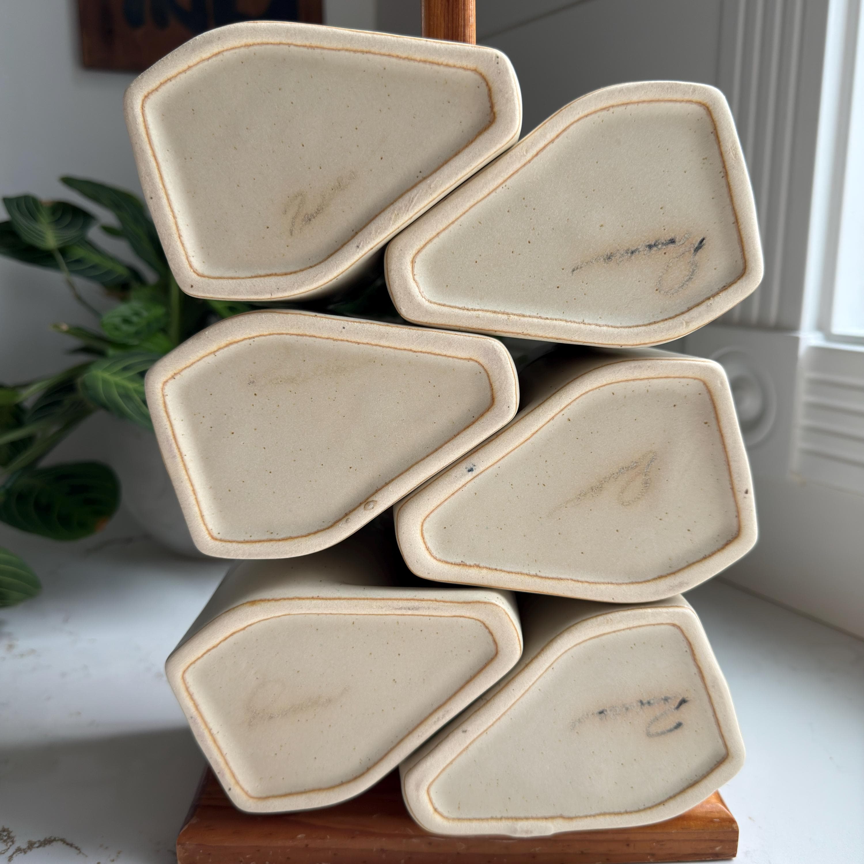 Vintage Rodolfo Padilla Signed Stacking 6 Mug Set Ceramic Stoneware and Wood Stand - Thumbnail 3
