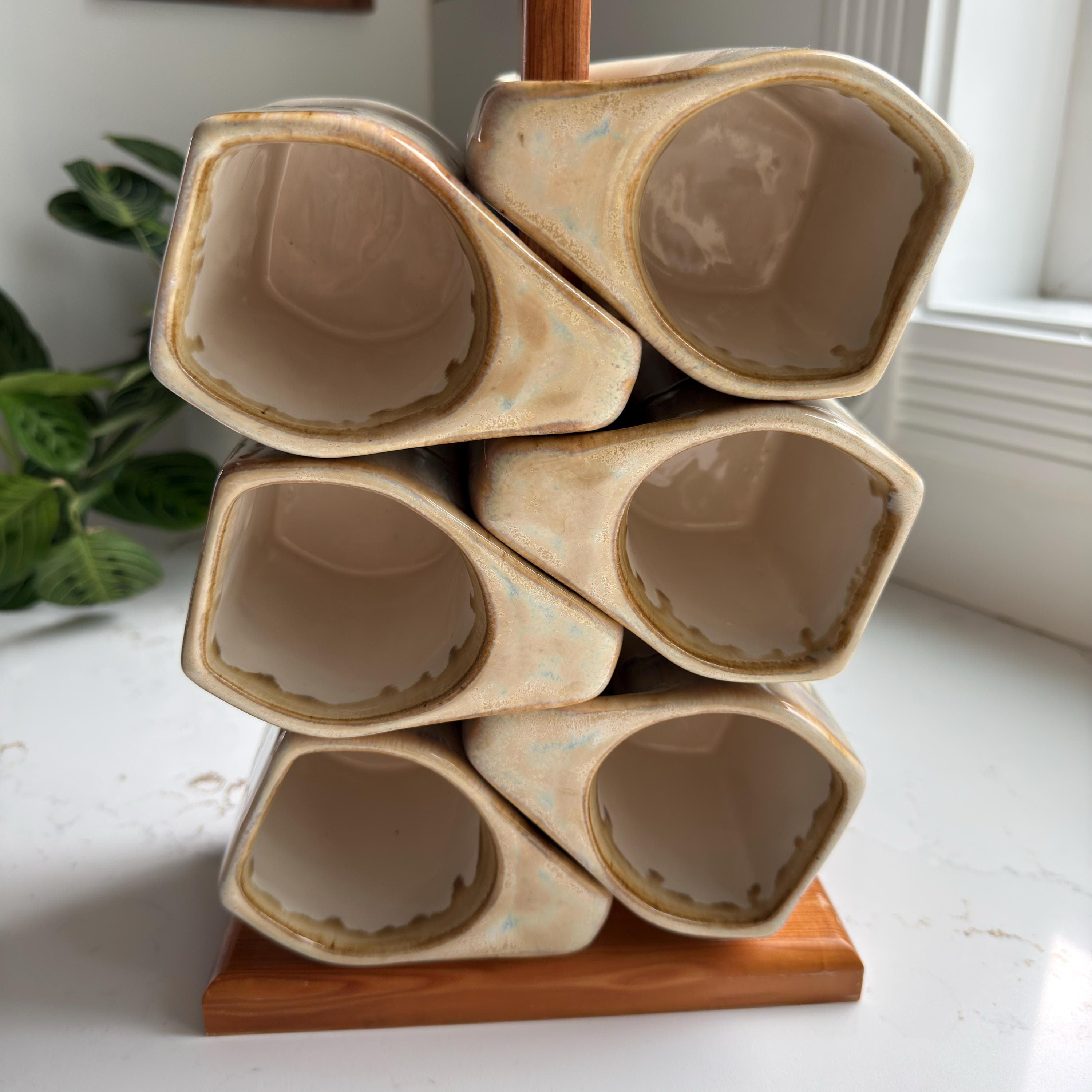 Vintage Rodolfo Padilla Signed Stacking 6 Mug Set Ceramic Stoneware and Wood Stand - Thumbnail 2