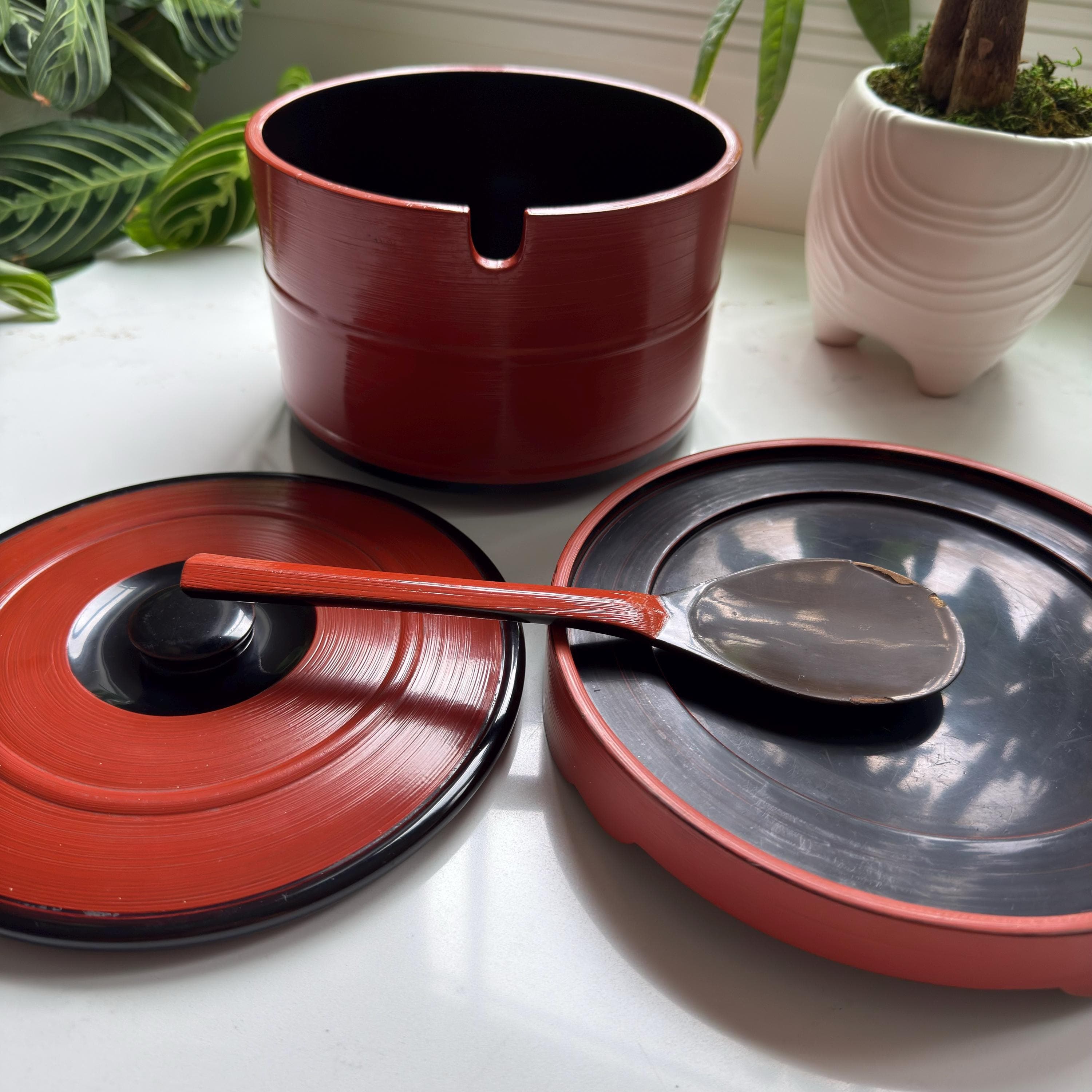 Vintage Japanese Ohitsu Lacquer Rice Container Red Wooden Hangiri Style Serving Vessel - Thumbnail 4