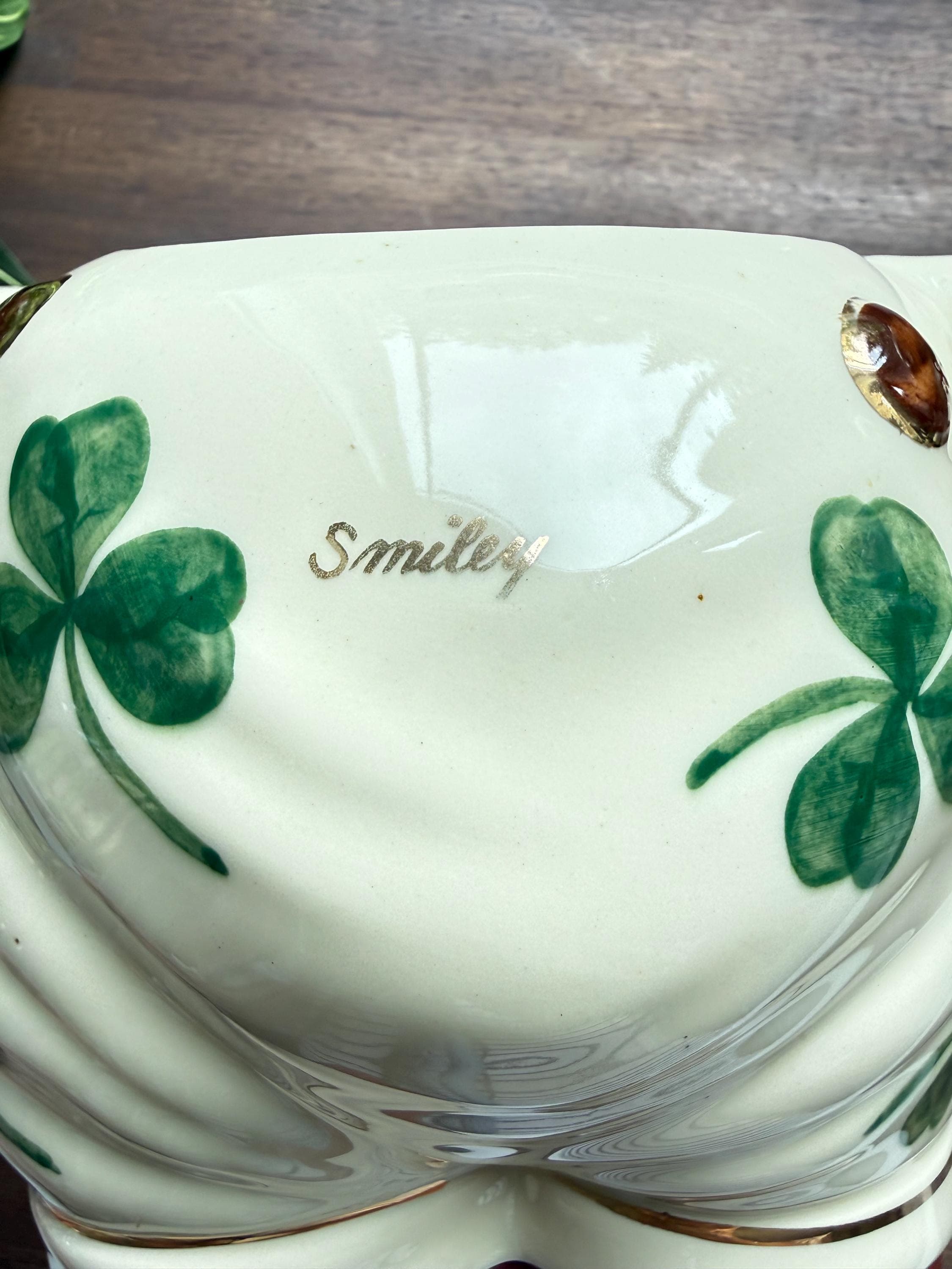 Vintage Shawnee Smiley Pig Cookie Jar Shamrock Clover Pattern Irish Kitchen Decor | Repaired - Thumbnail 13