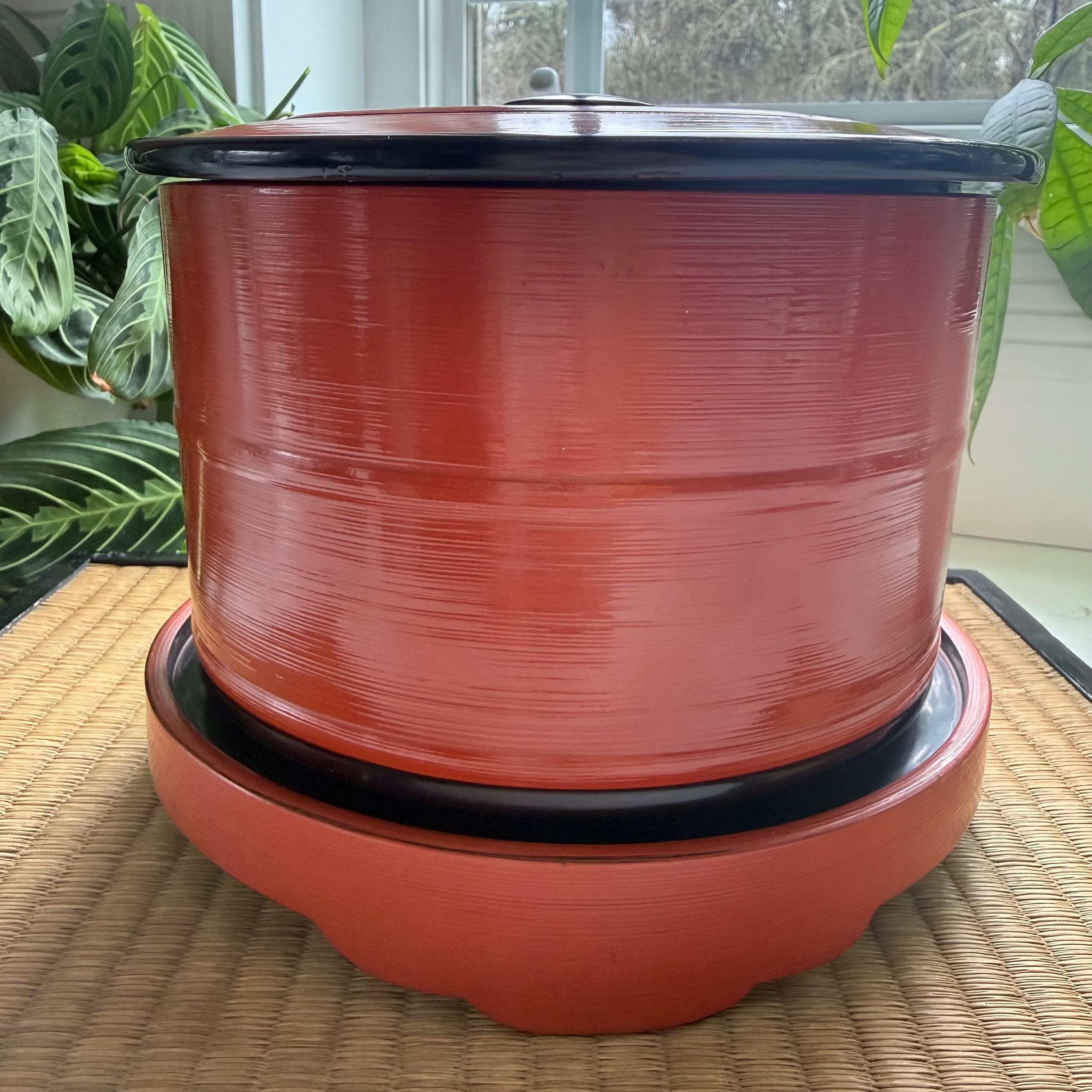 Vintage Japanese Ohitsu Lacquer Rice Container Red Wooden Hangiri Style Serving Vessel - Thumbnail 2