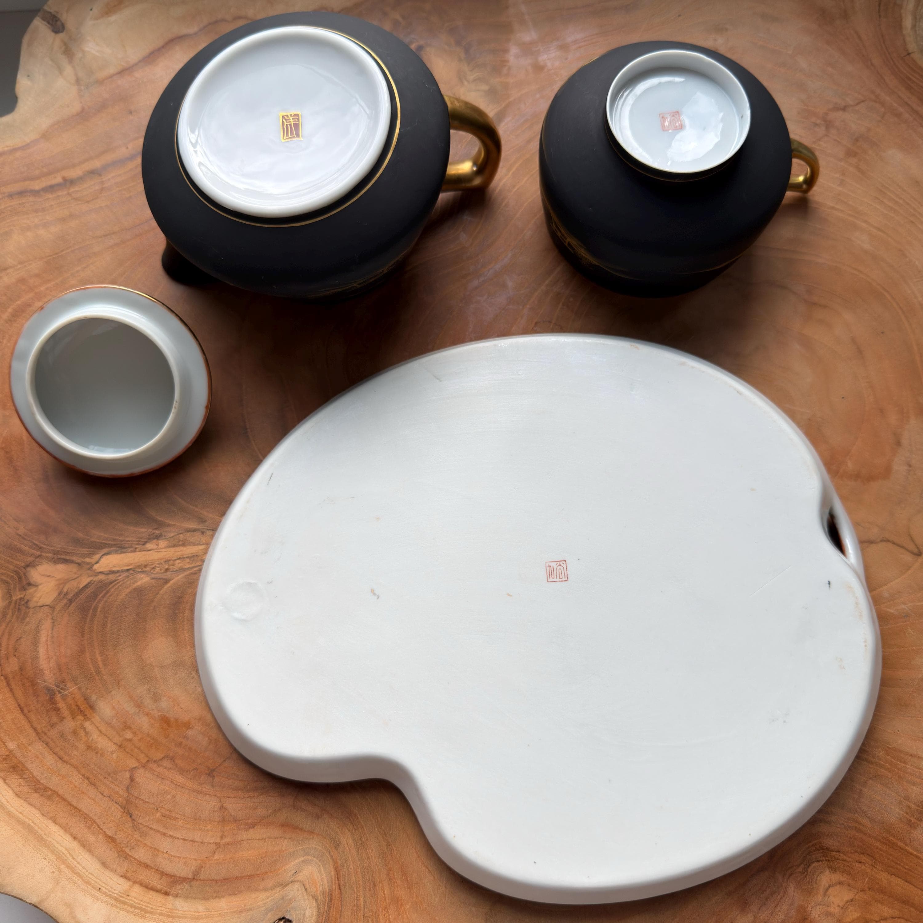 Vintage Kutani Tea Set – Matte Black 24k Gold Hand Painted Japanese Teapot Cup Tray - Thumbnail 2