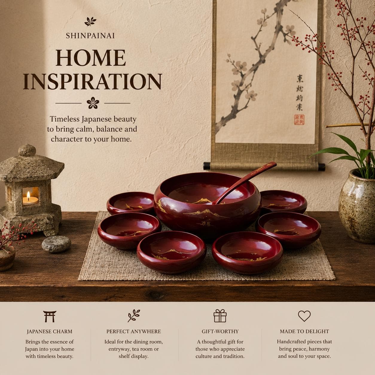 Vintage Japanese Red Lacquerware Salad Bowl Set Mt Fuji Gold Hand Painted 8 Pieces - Thumbnail 19