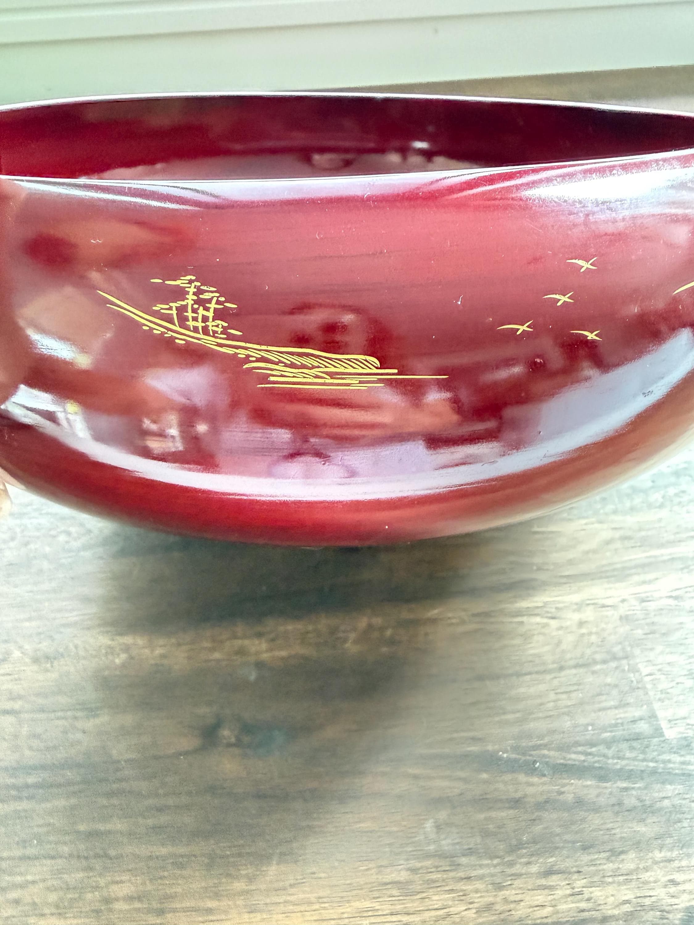 Vintage Japanese Red Lacquerware Salad Bowl Set Mt Fuji Gold Hand Painted 8 Pieces - Thumbnail 5