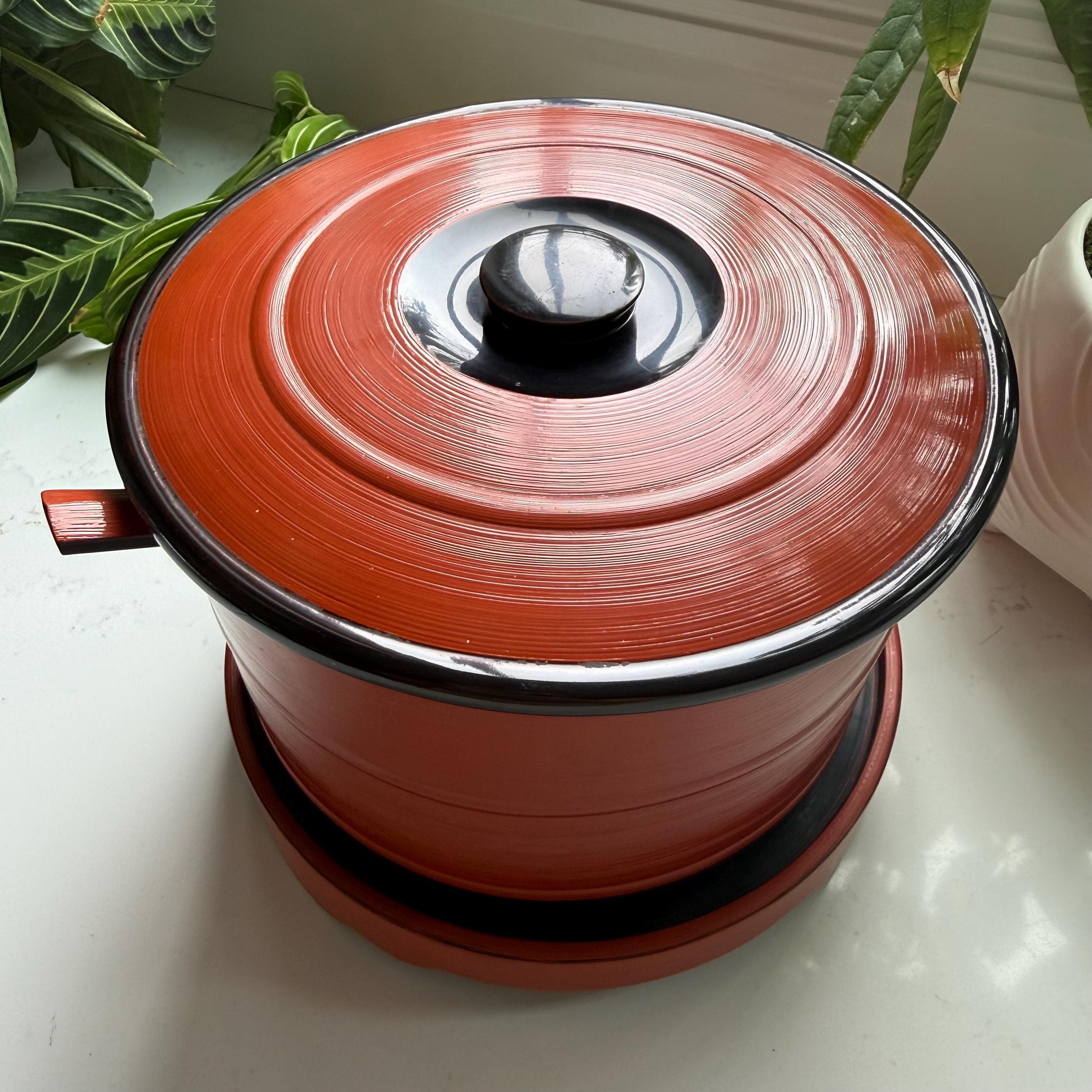 Vintage Japanese Ohitsu Lacquer Rice Container Red Wooden Hangiri Style Serving Vessel - Thumbnail 3