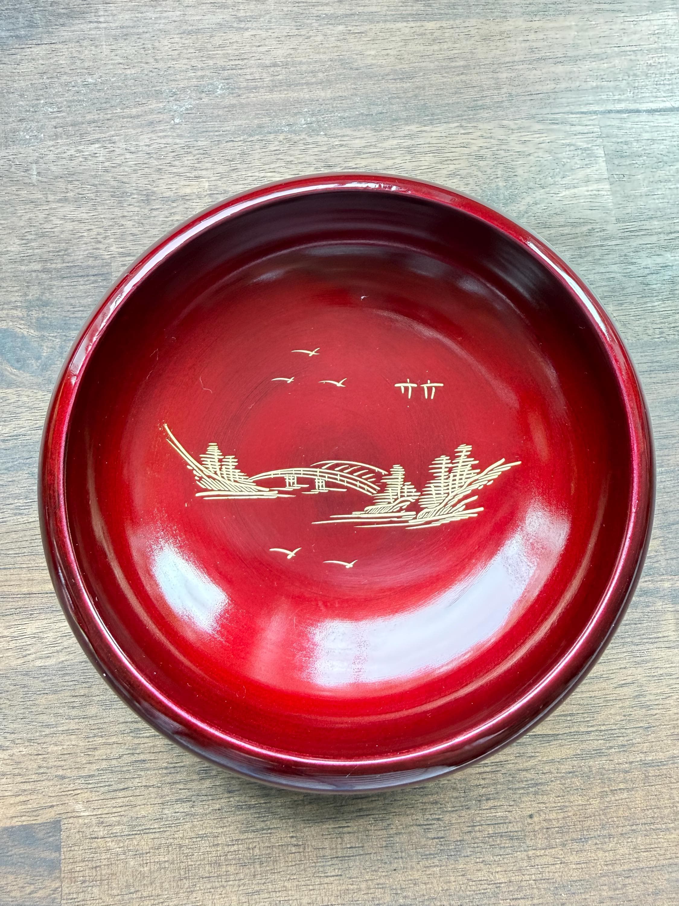 Vintage Japanese Red Lacquerware Salad Bowl Set Mt Fuji Gold Hand Painted 8 Pieces - Thumbnail 13
