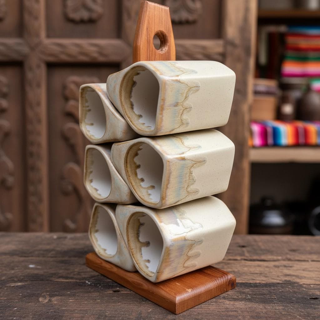 Vintage Rodolfo Padilla Signed Stacking 6 Mug Set Ceramic Stoneware and Wood Stand - Thumbnail 19