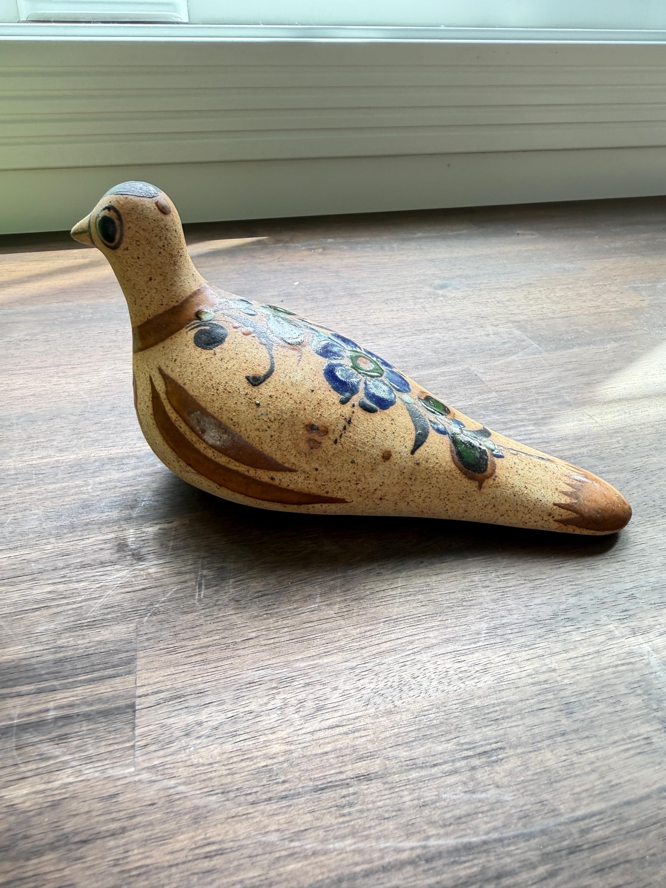 Vintage Tonala Pottery Dove Figurine Hand Painted Mexican Folk Art Bird Sculpture - Thumbnail 2
