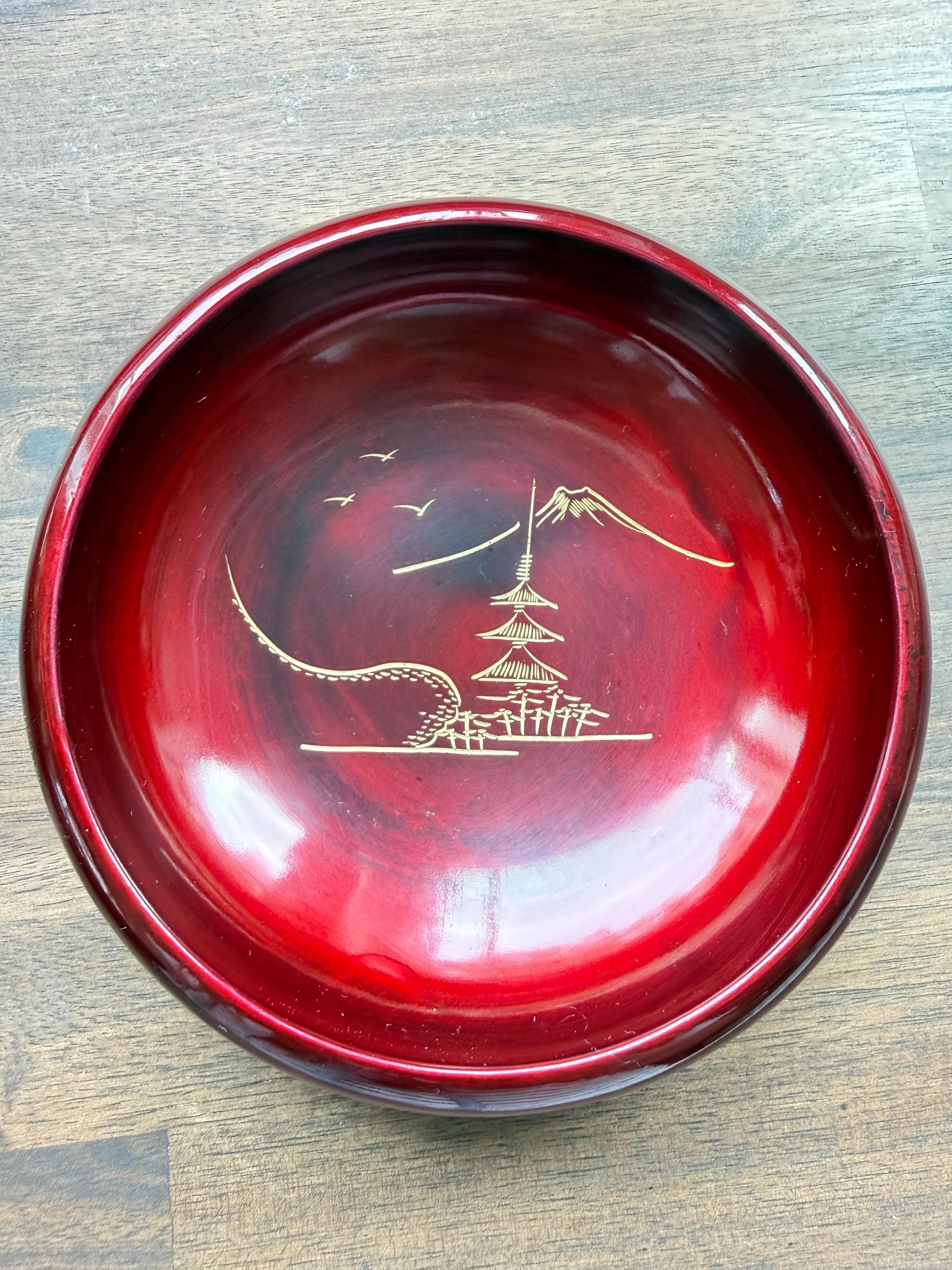 Vintage Japanese Red Lacquerware Salad Bowl Set Mt Fuji Gold Hand Painted 8 Pieces - Thumbnail 15