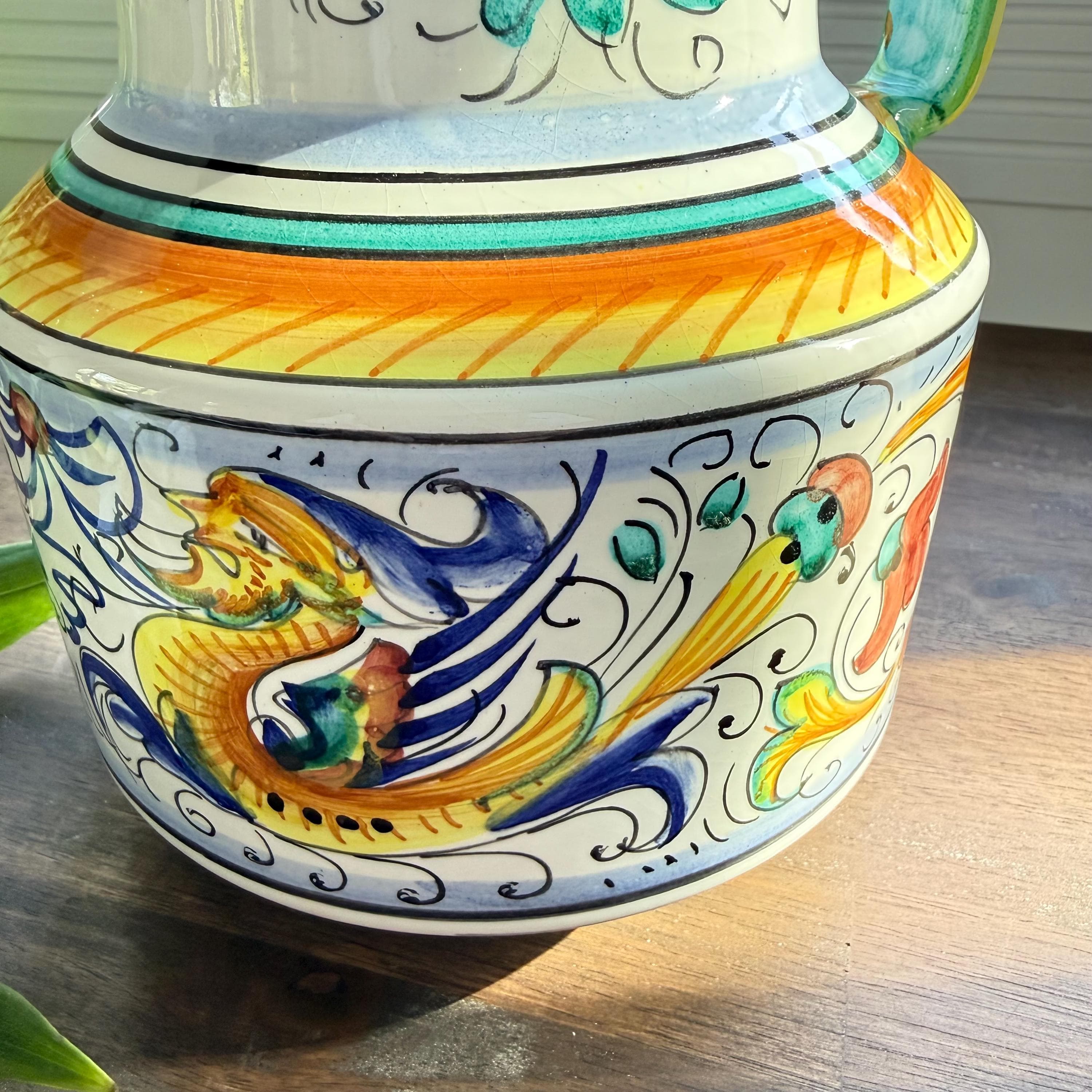 Vintage Italian Deruta Majolica Pitcher: Hand-Painted Raffaellesco Dragon Ceramic Jug - Thumbnail 16