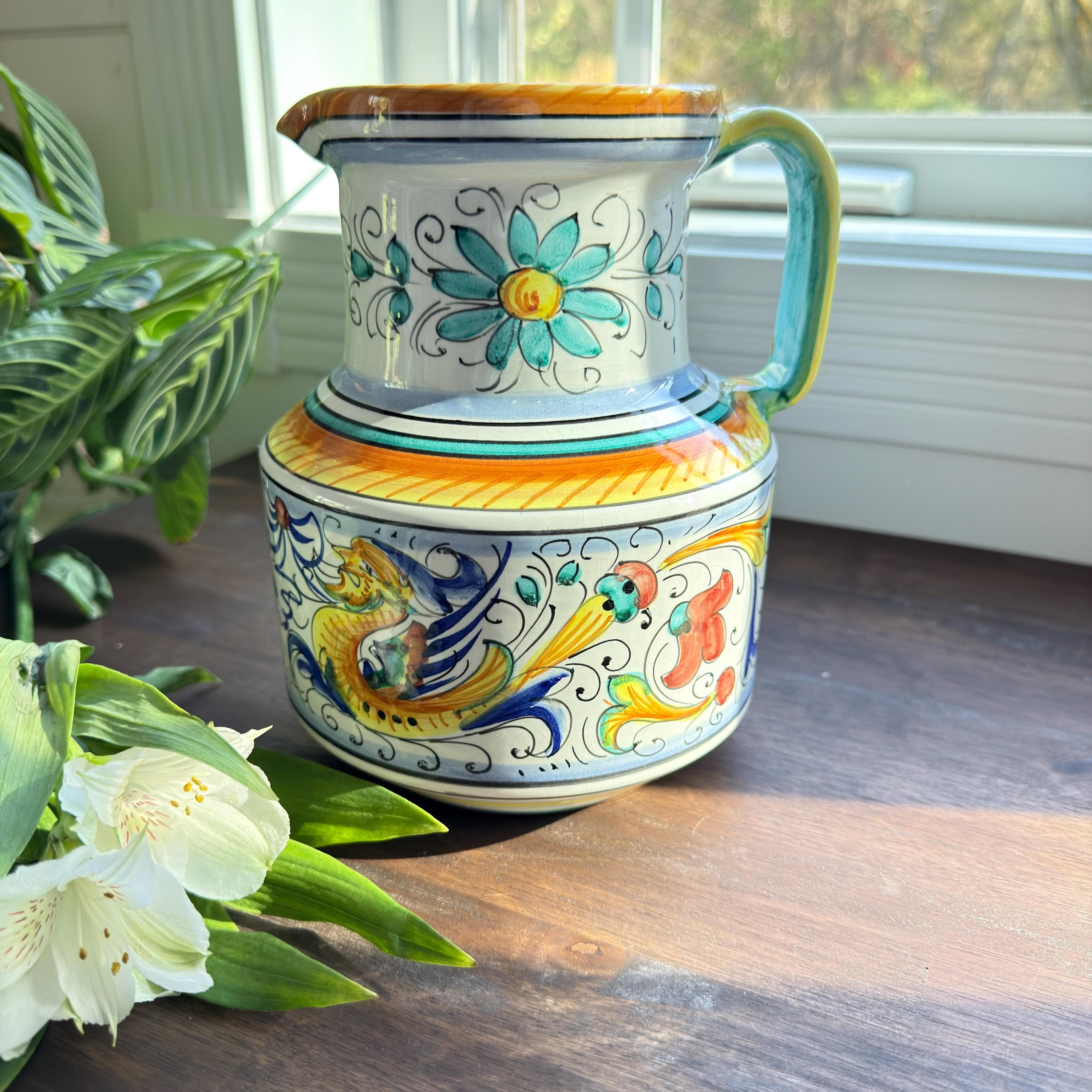 Vintage Italian Deruta Majolica Pitcher: Hand-Painted Raffaellesco Dragon Ceramic Jug - Thumbnail 3