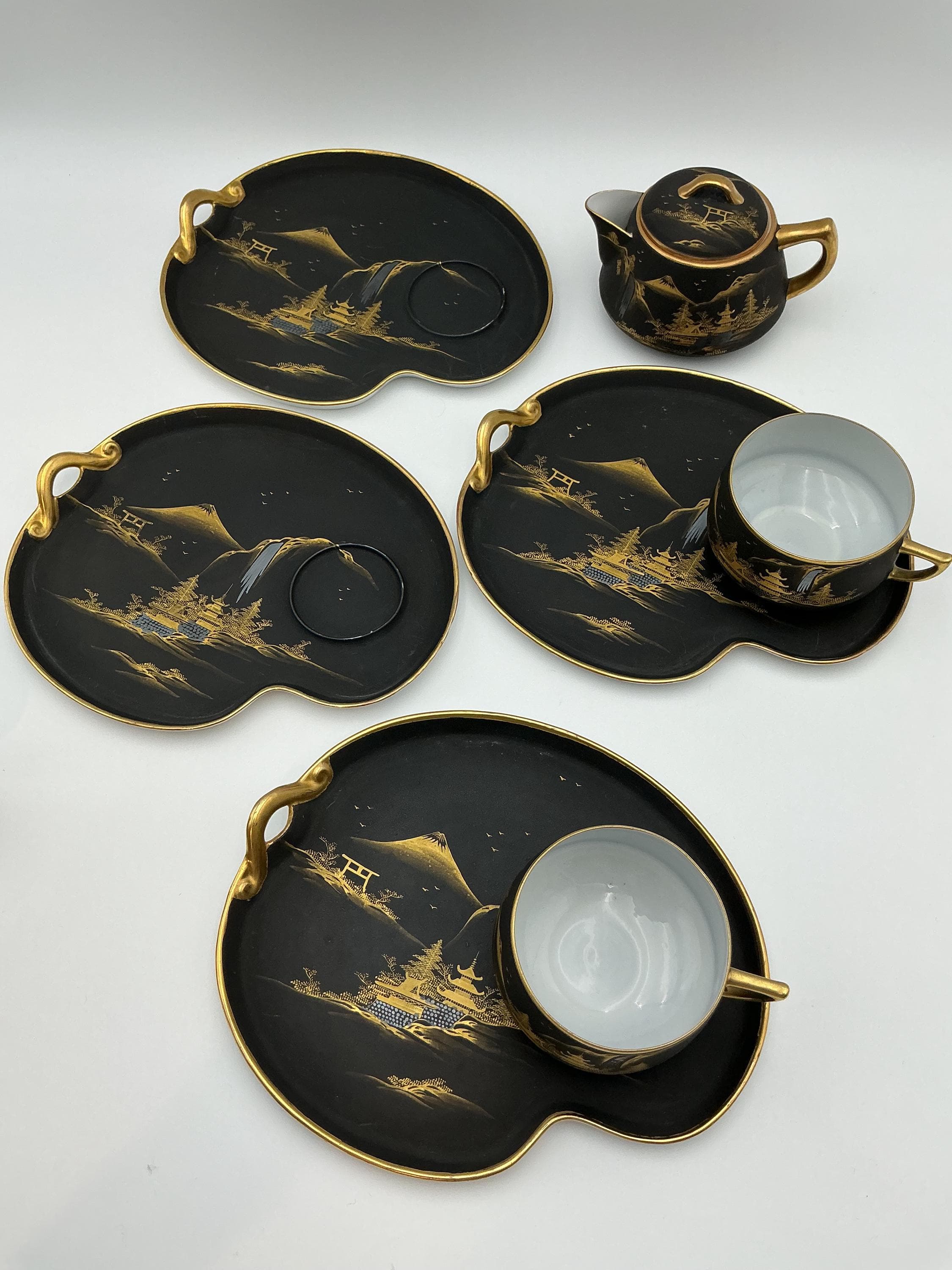 Vintage Kutani Tea Set – Matte Black 24k Gold Hand Painted Japanese Teapot Cup Tray - Thumbnail 3