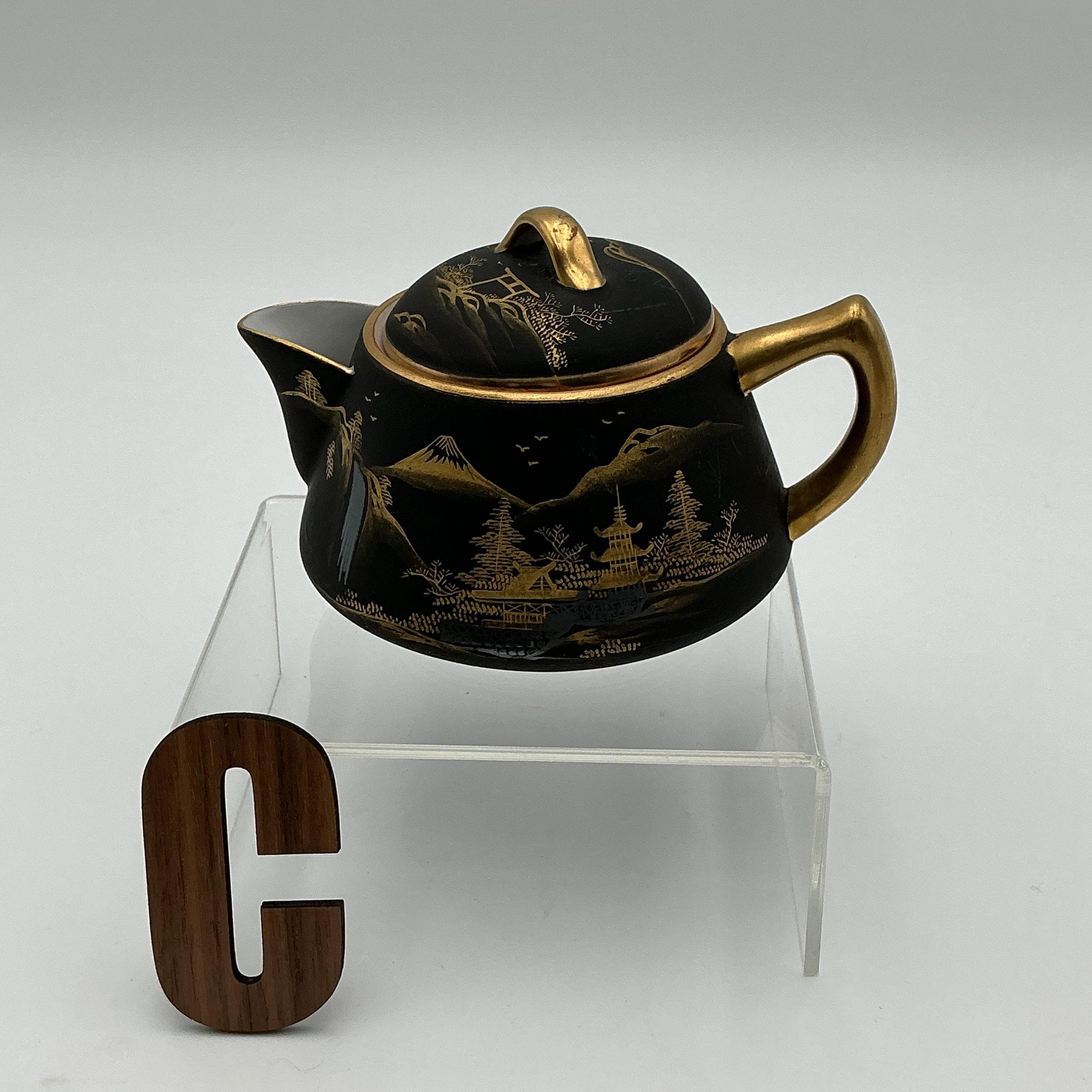 Vintage Kutani Tea Set – Matte Black 24k Gold Hand Painted Japanese Teapot Cup Tray - Thumbnail 13