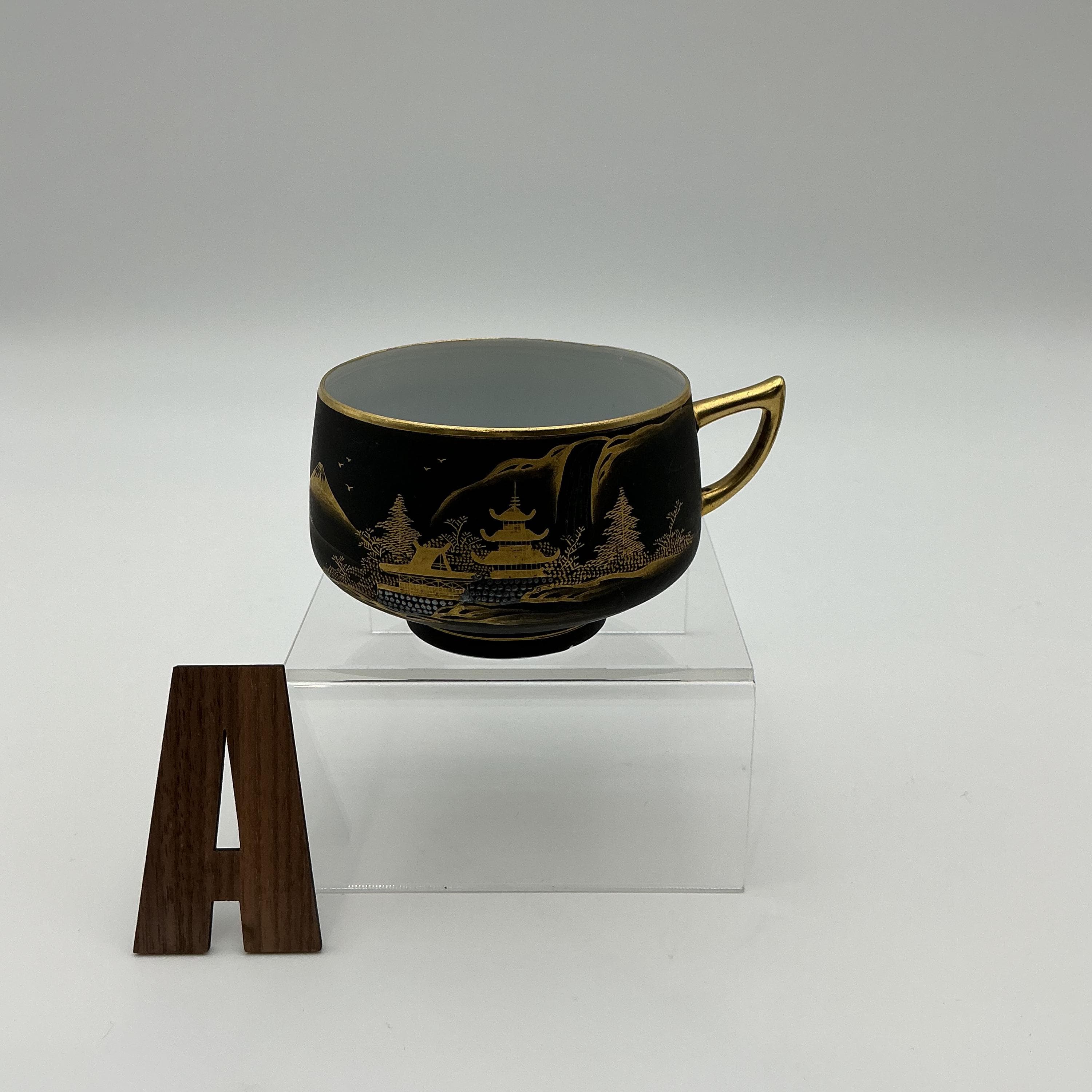 Vintage Kutani Tea Set – Matte Black 24k Gold Hand Painted Japanese Teapot Cup Tray - Thumbnail 8