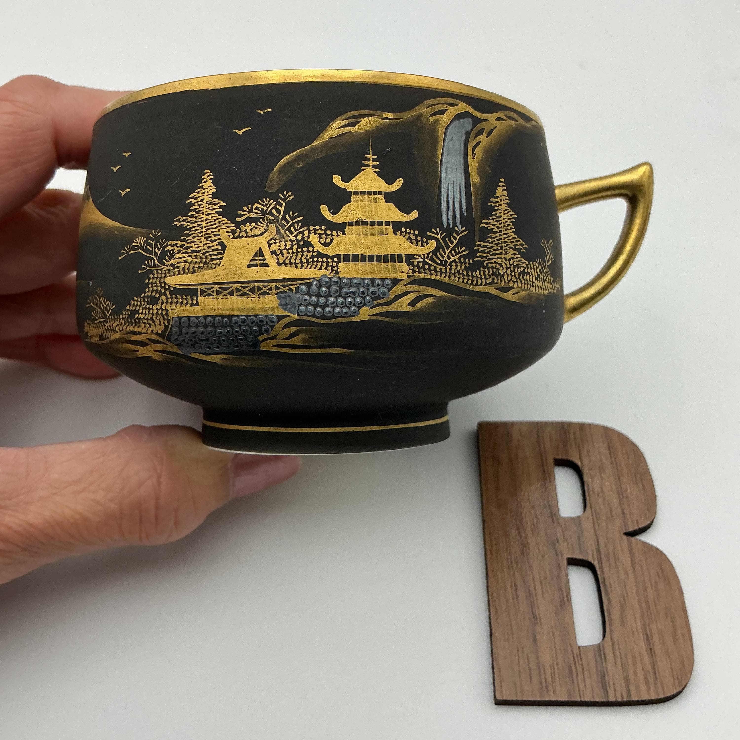 Vintage Kutani Tea Set – Matte Black 24k Gold Hand Painted Japanese Teapot Cup Tray - Thumbnail 12