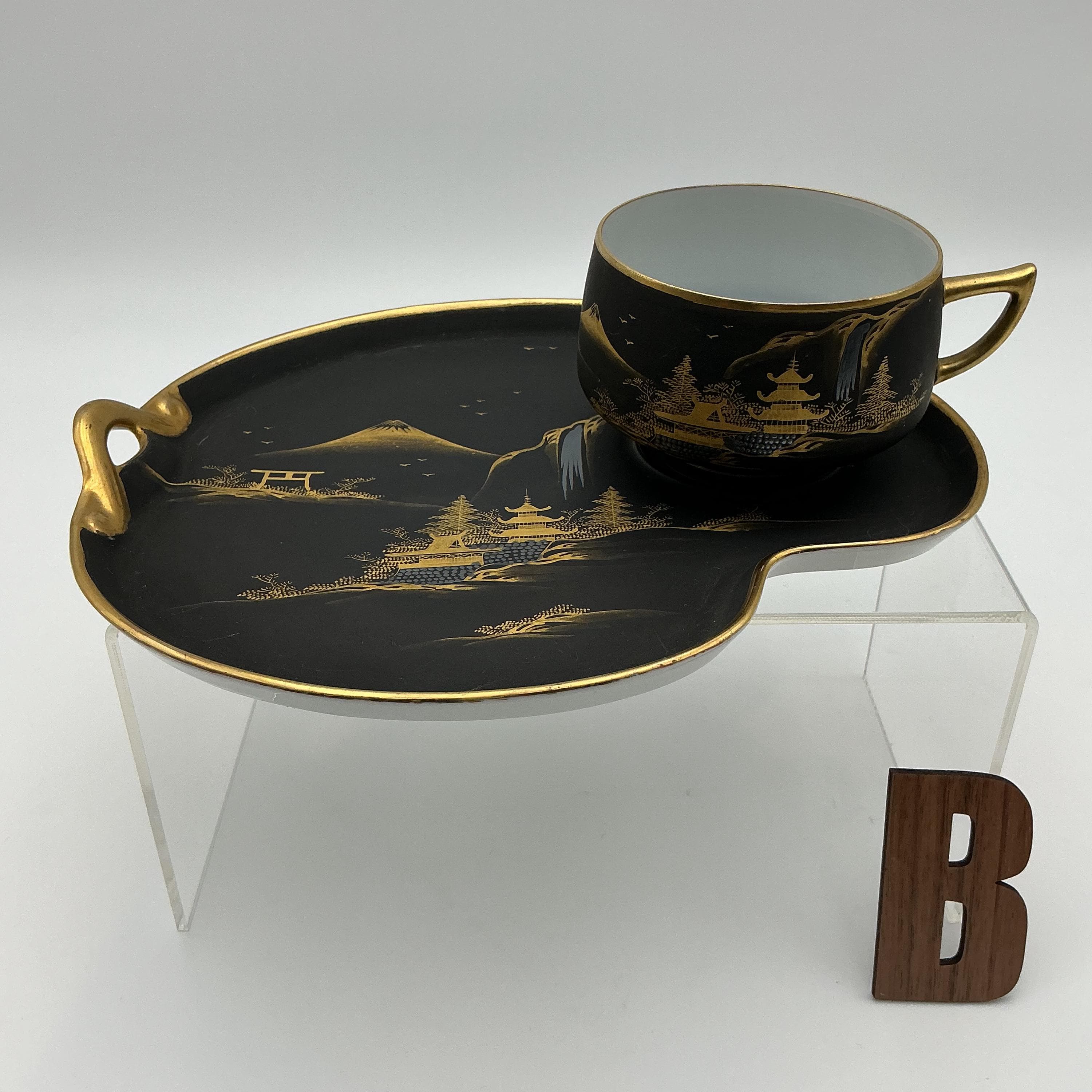 Vintage Kutani Tea Set – Matte Black 24k Gold Hand Painted Japanese Teapot Cup Tray - Thumbnail 9