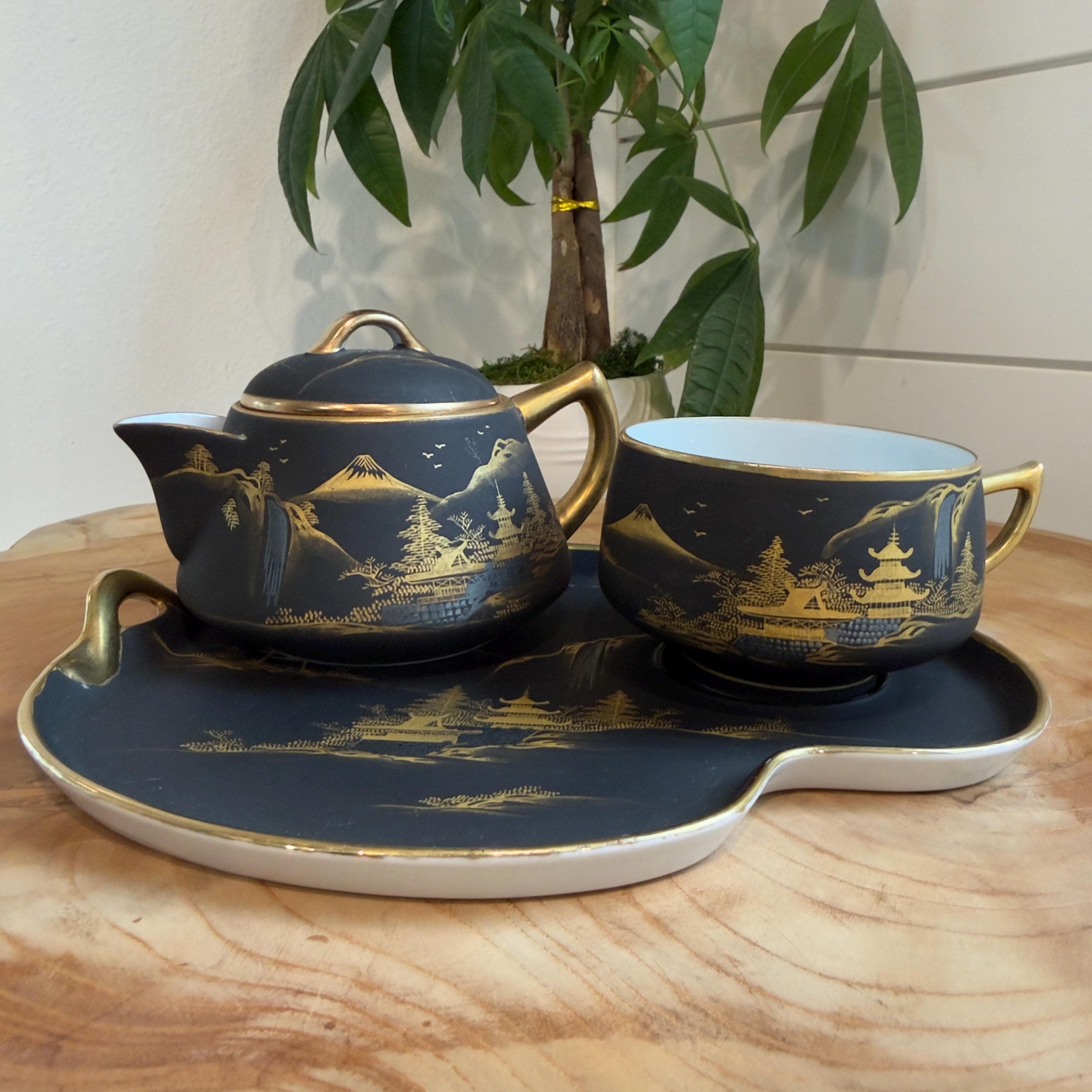 Vintage Kutani Tea Set – Matte Black 24k Gold Hand Painted Japanese Teapot Cup Tray - Thumbnail 20