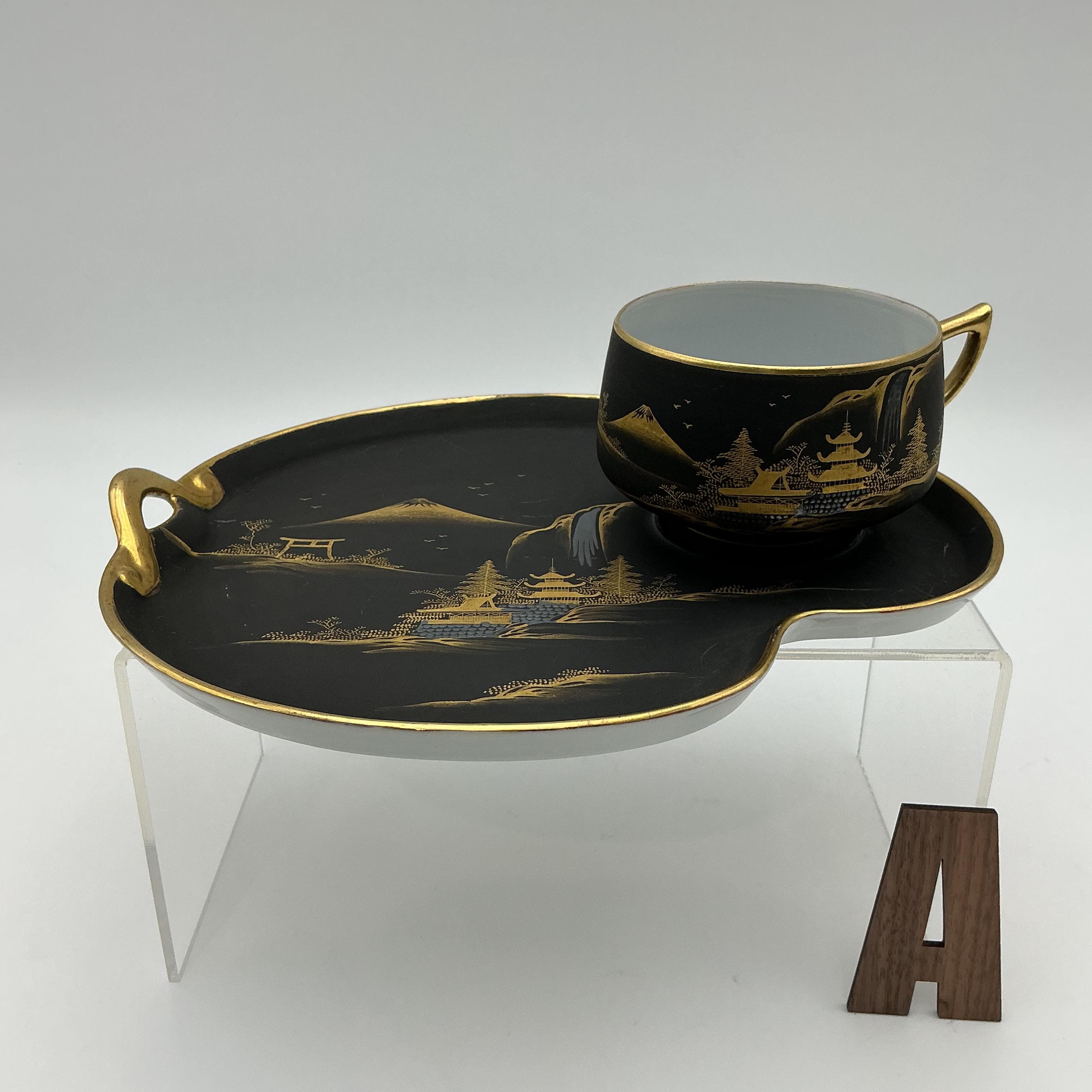 Vintage Kutani Tea Set – Matte Black 24k Gold Hand Painted Japanese Teapot Cup Tray - Thumbnail 6