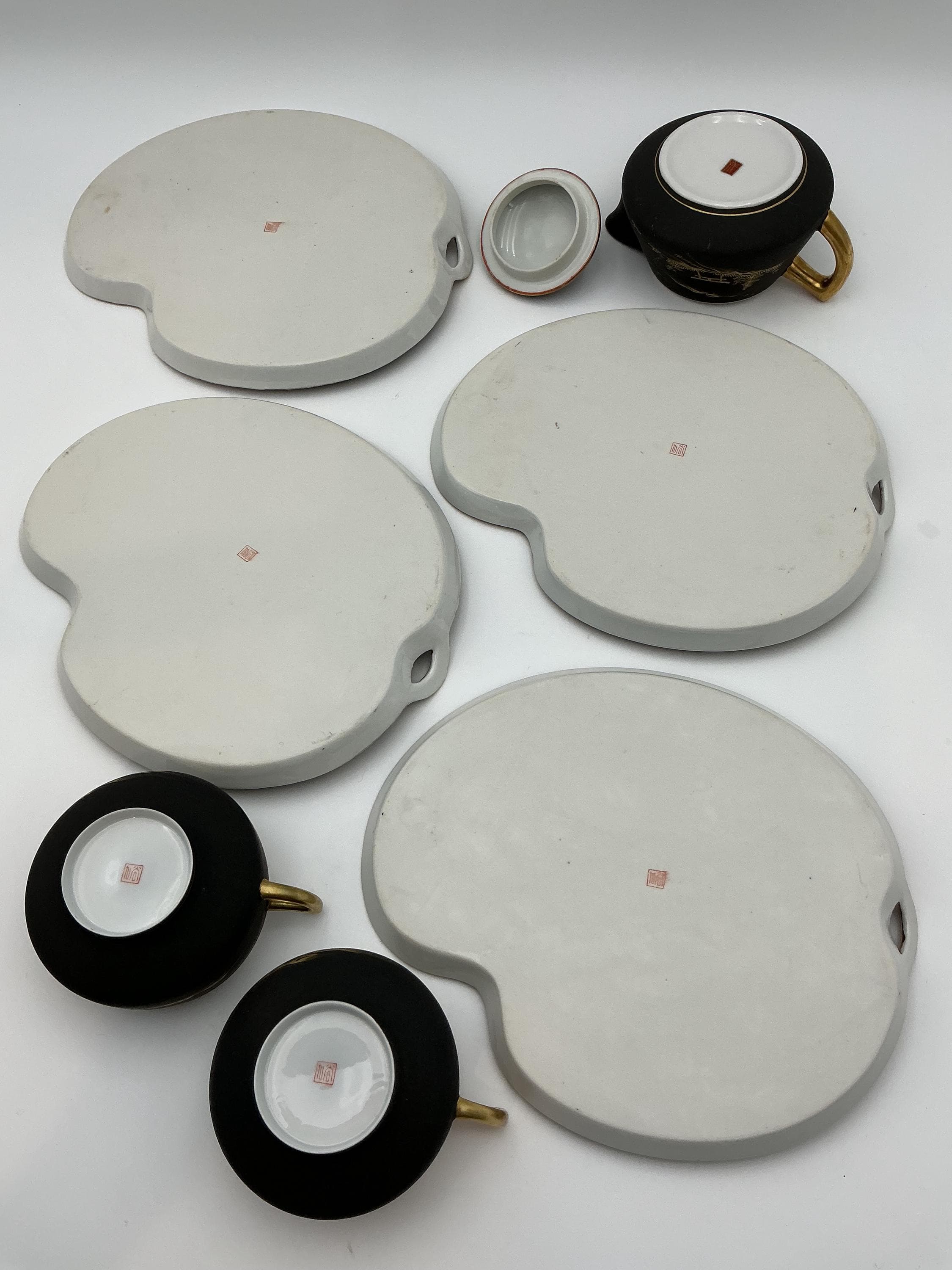 Vintage Kutani Tea Set – Matte Black 24k Gold Hand Painted Japanese Teapot Cup Tray - Thumbnail 4