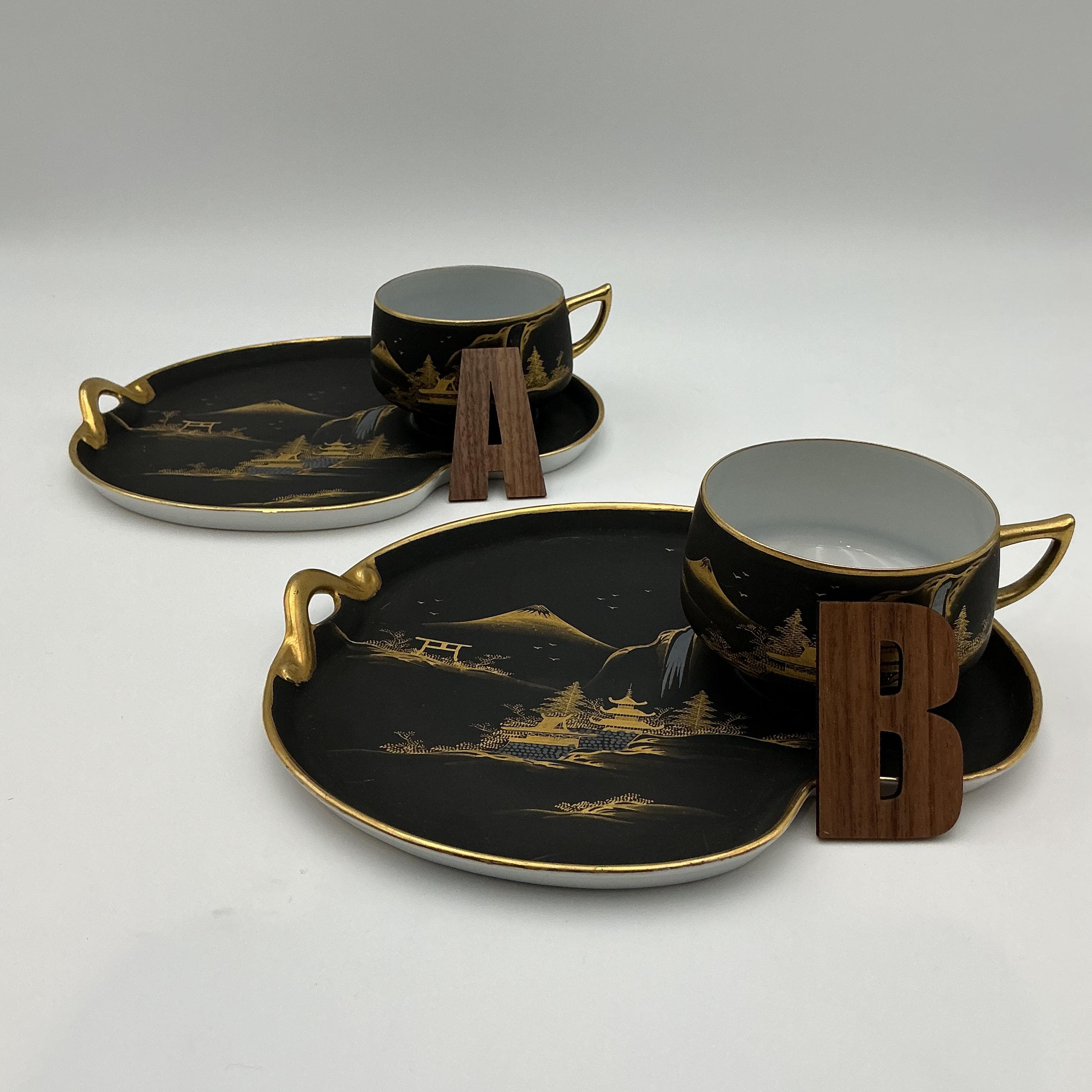 Vintage Kutani Tea Set – Matte Black 24k Gold Hand Painted Japanese Teapot Cup Tray - Thumbnail 5