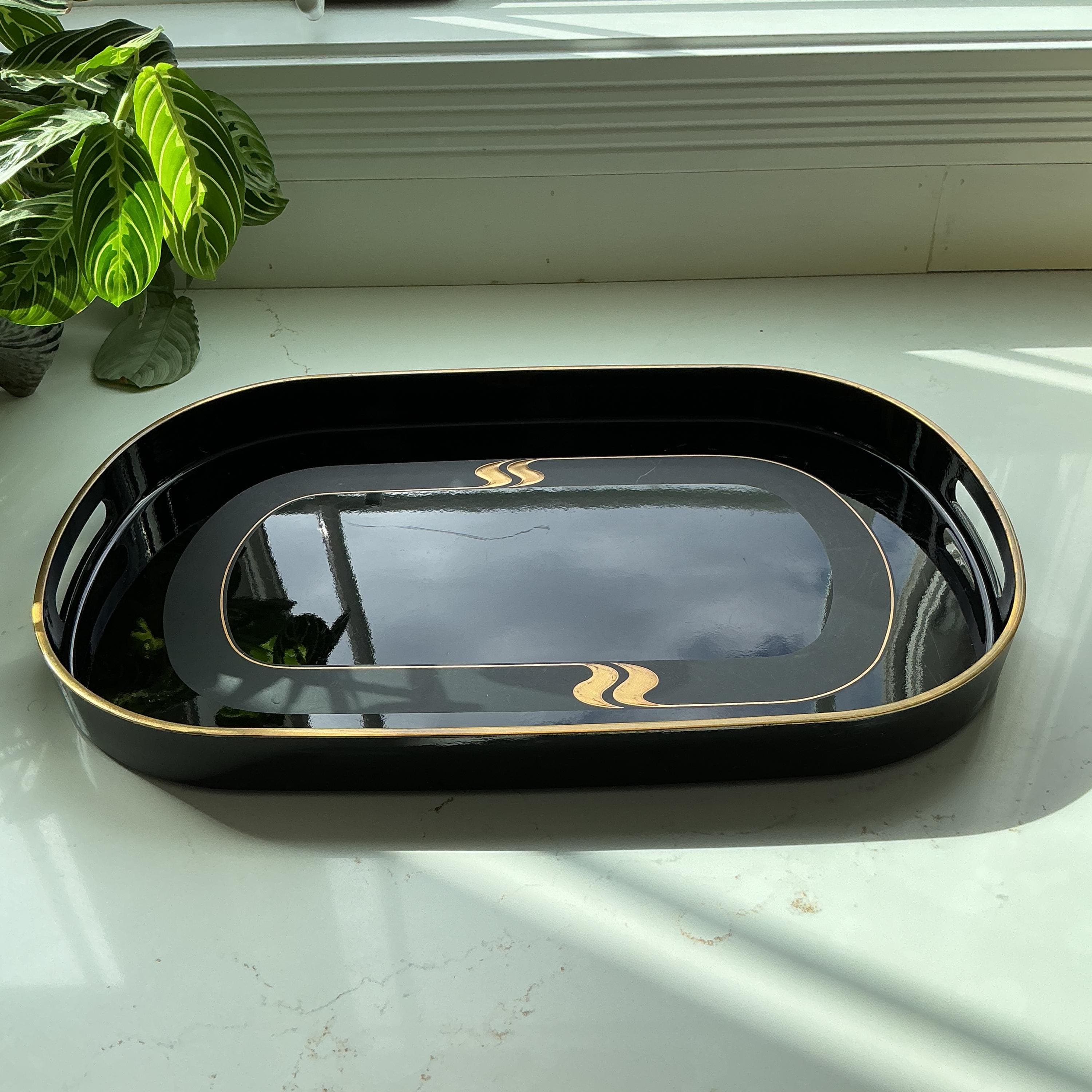 Vintage Toyo Japan Lacquer Serving Tray: Black Gold Mid Century Modern Bar Tray - Thumbnail 4