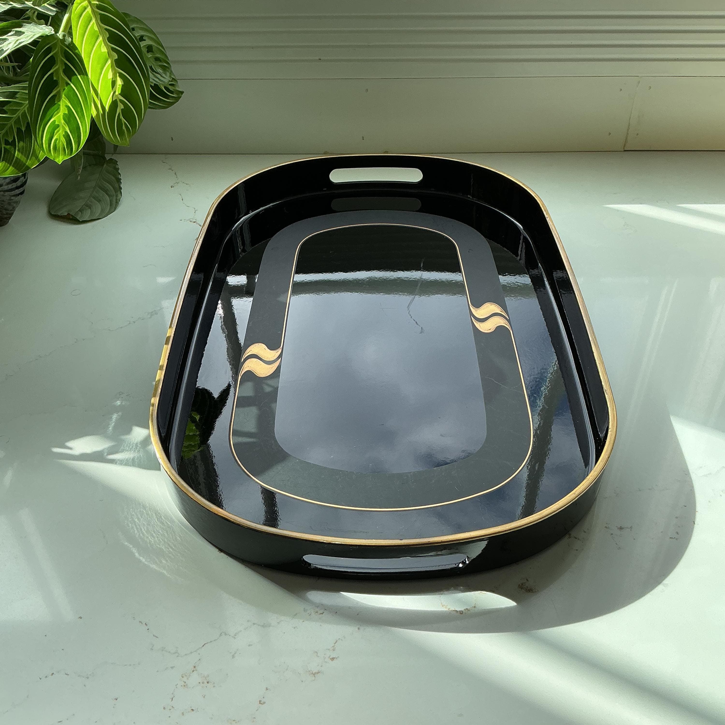 Vintage Toyo Japan Lacquer Serving Tray: Black Gold Mid Century Modern Bar Tray - Thumbnail 2