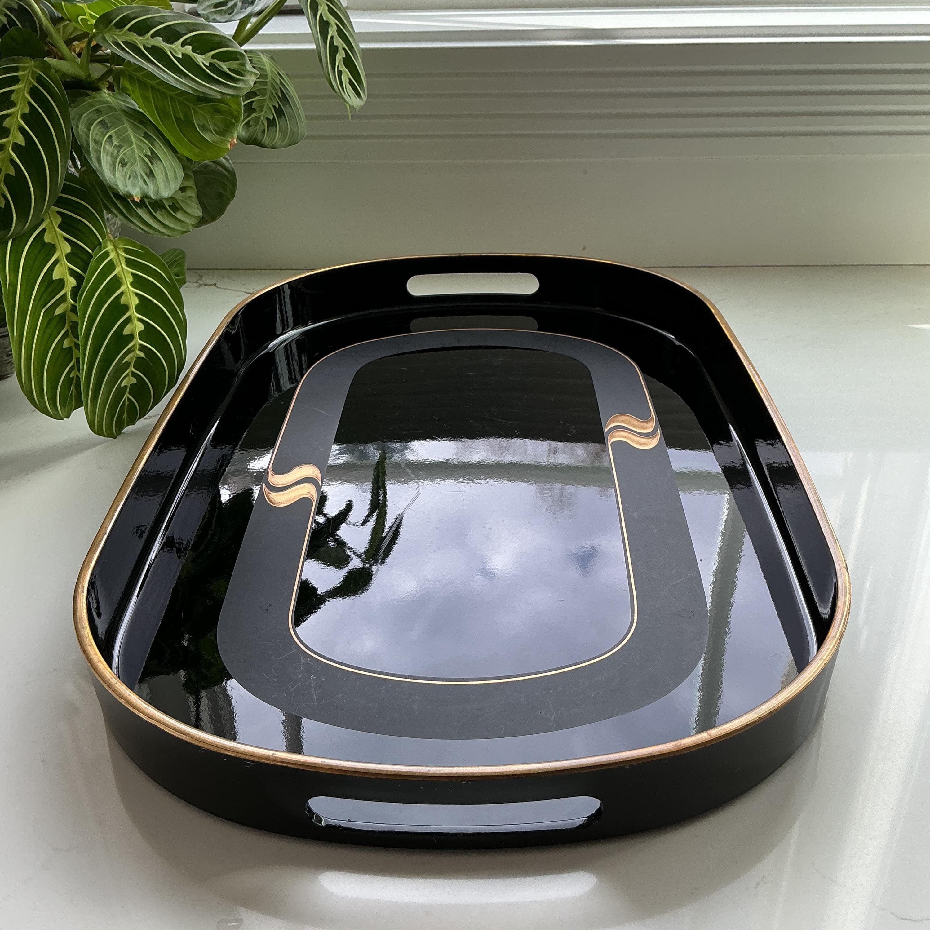 Vintage Toyo Japan Lacquer Serving Tray: Black Gold Mid Century Modern Bar Tray - Thumbnail 3