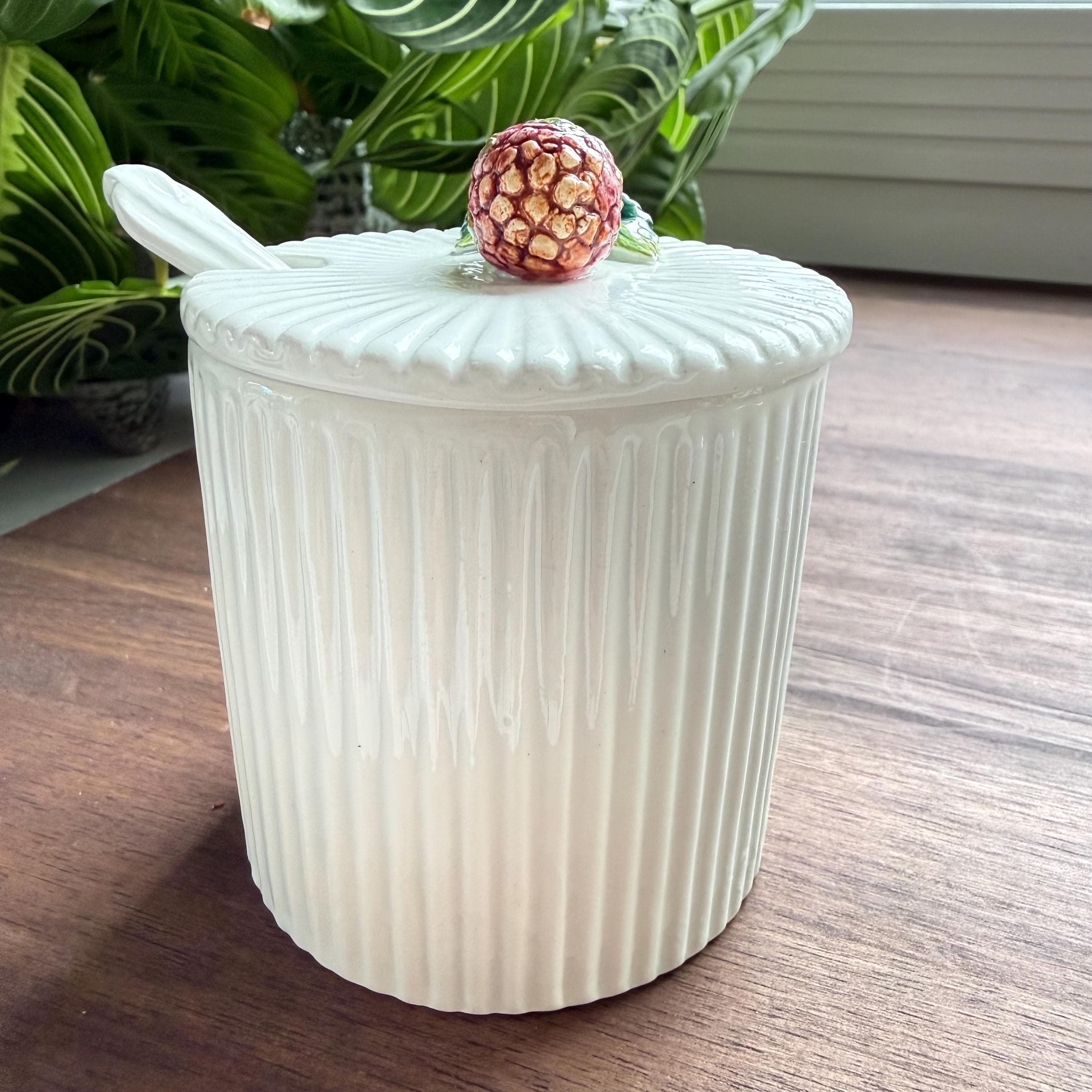 Vintage Italian Strawberry Jam Jar, Ribbed Ceramic Sugar Bowl with Spoon - Thumbnail 10