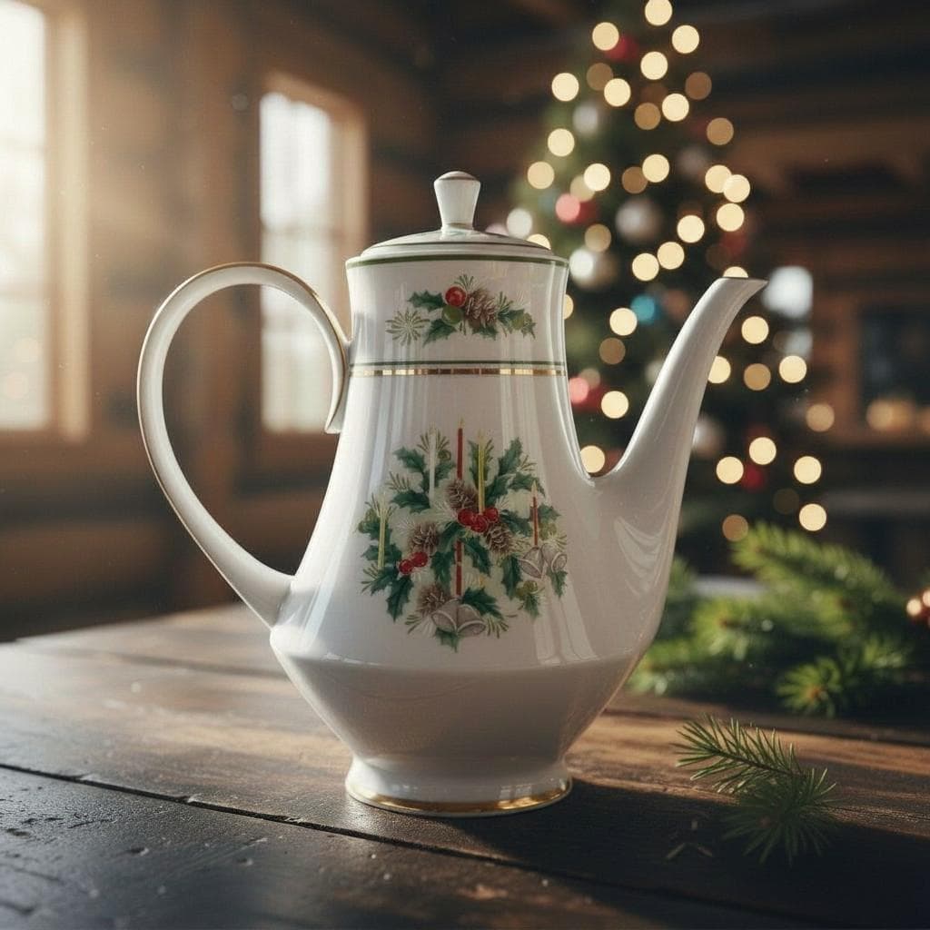 Noritake Holly 2228 Coffee Tea Pot with Lid | White Porcelain Holiday Holly Berries Gold Trim | Festive Tableware - Thumbnail 6