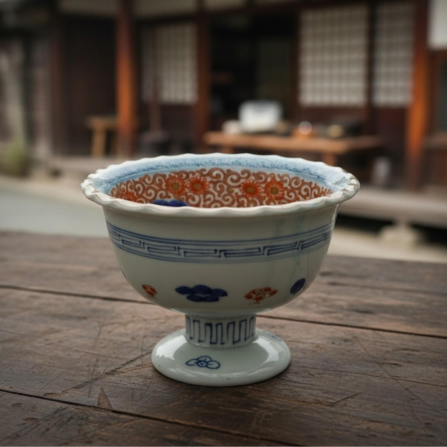 Vintage Imari Sake Bowl | Japanese Red Floral Pedestal Bowl - Thumbnail 9