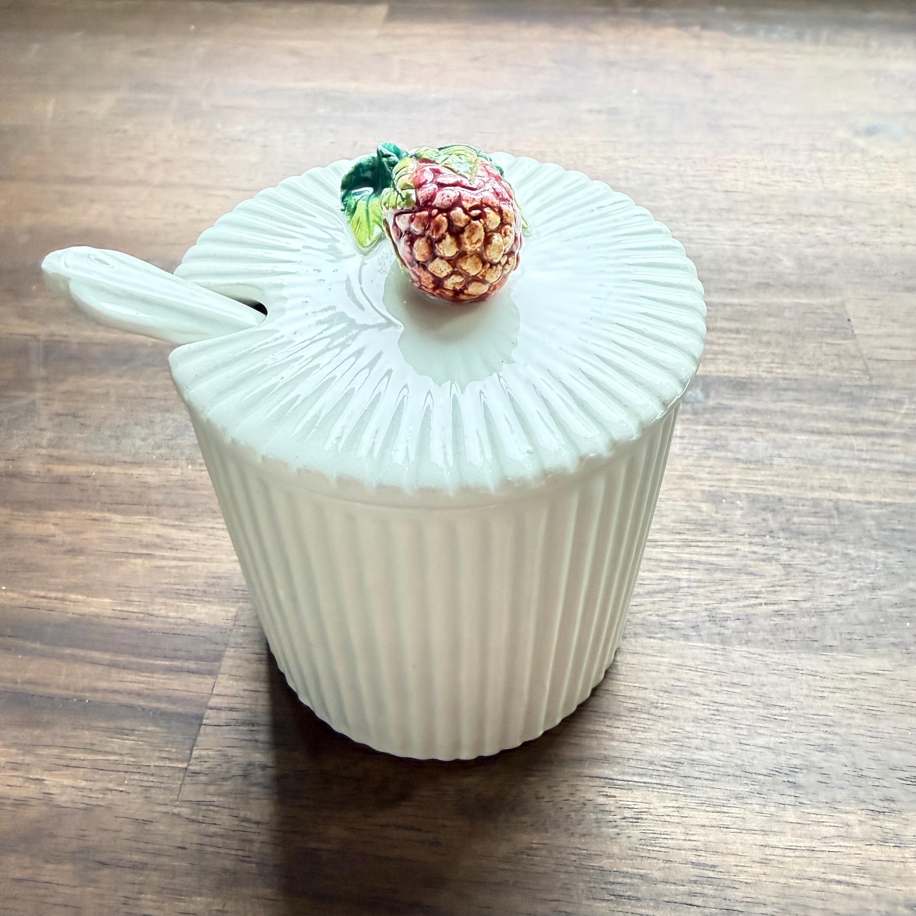 Vintage Italian Strawberry Jam Jar, Ribbed Ceramic Sugar Bowl with Spoon - Thumbnail 2
