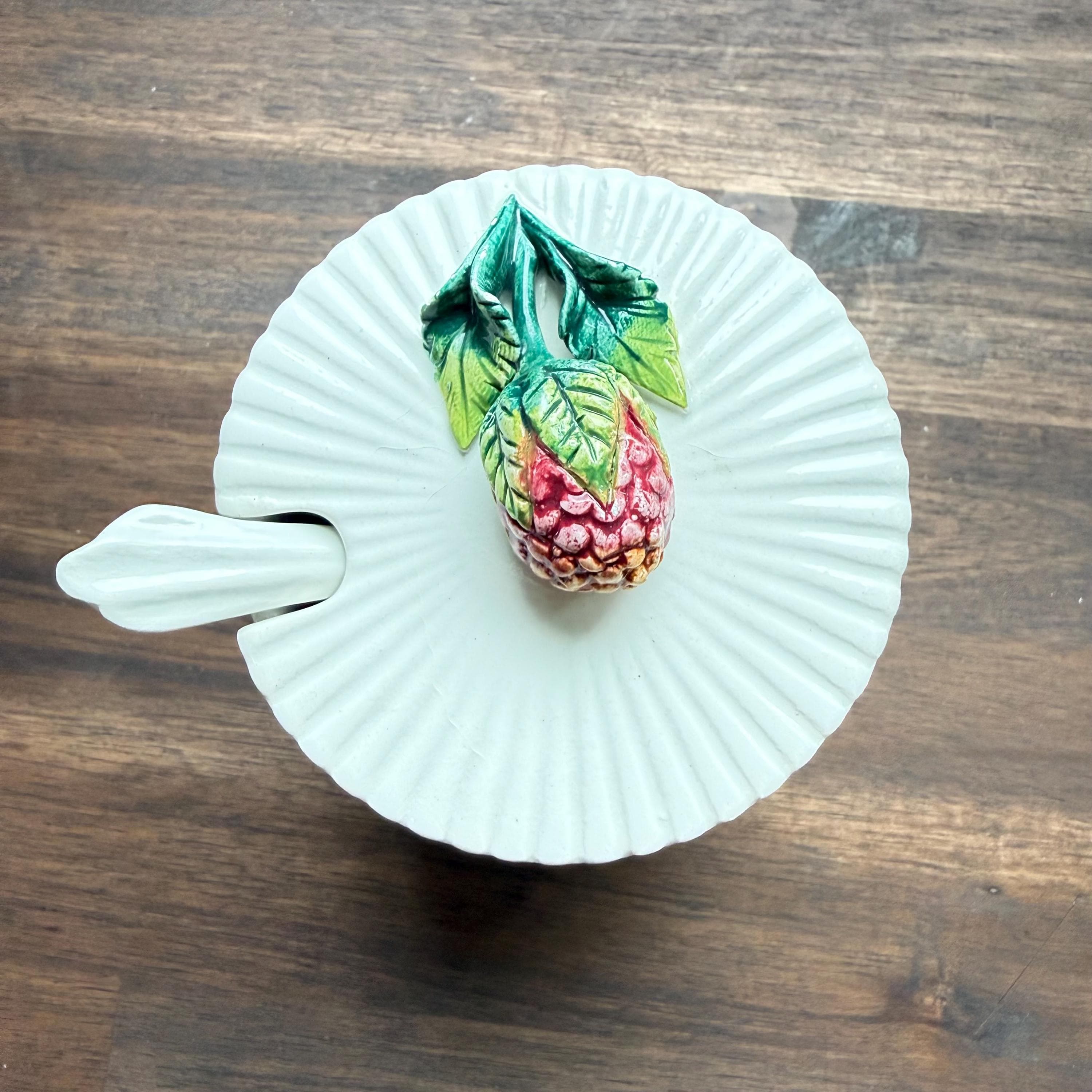 Vintage Italian Strawberry Jam Jar, Ribbed Ceramic Sugar Bowl with Spoon - Thumbnail 3