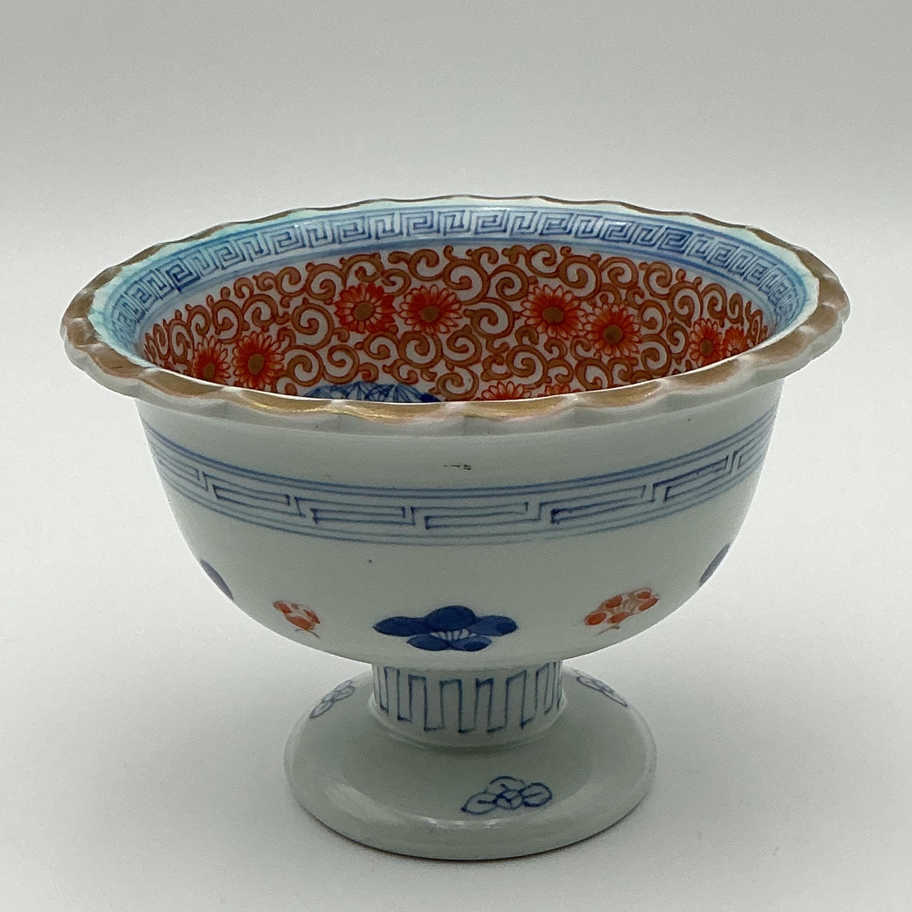 Vintage Imari Sake Bowl | Japanese Red Floral Pedestal Bowl - Thumbnail 3