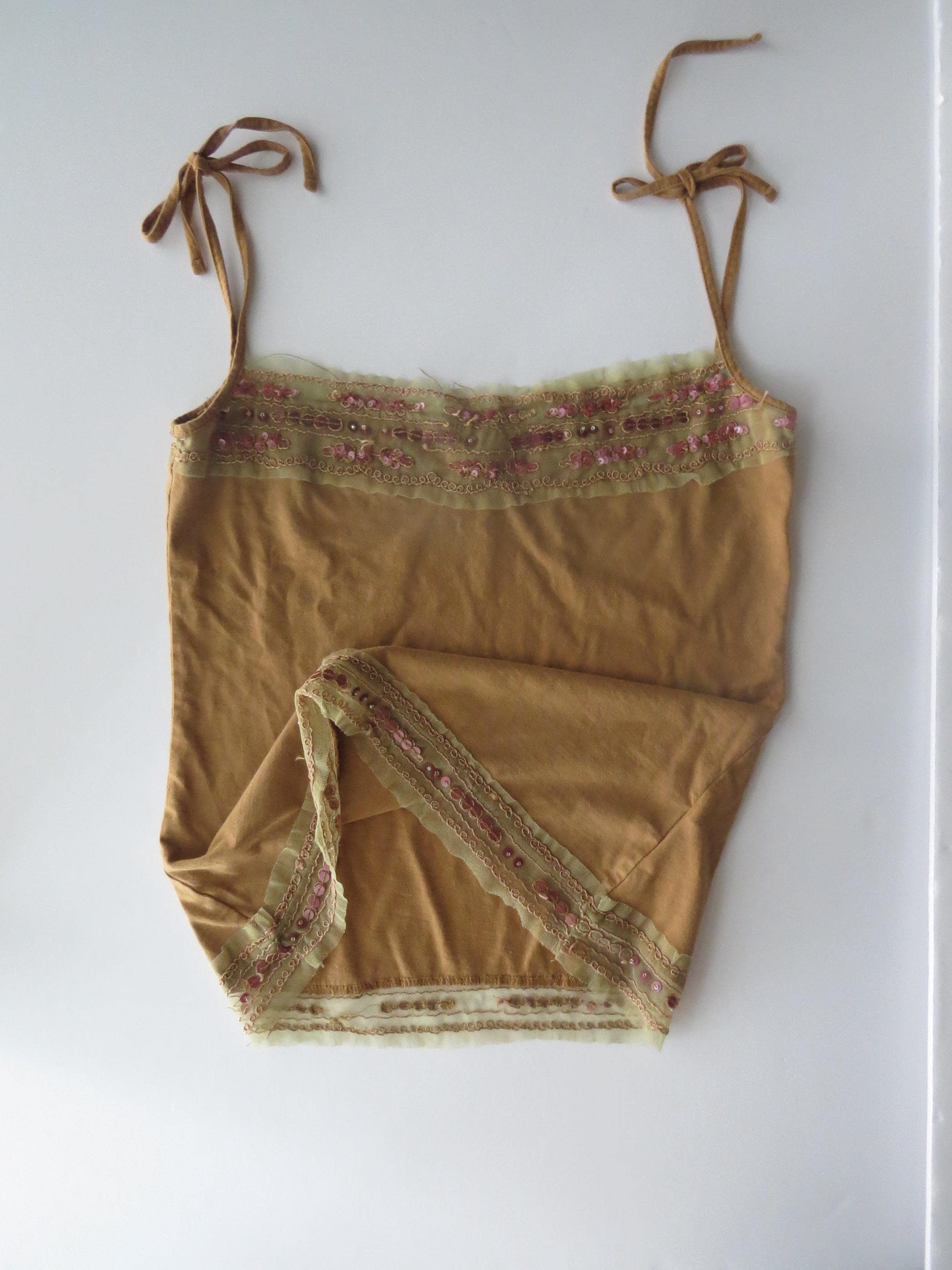 Vintage Italian Gold Sequin Cami, Bronze Tie Strap Tank Top, Sequin Embroidered Trim, 2000s