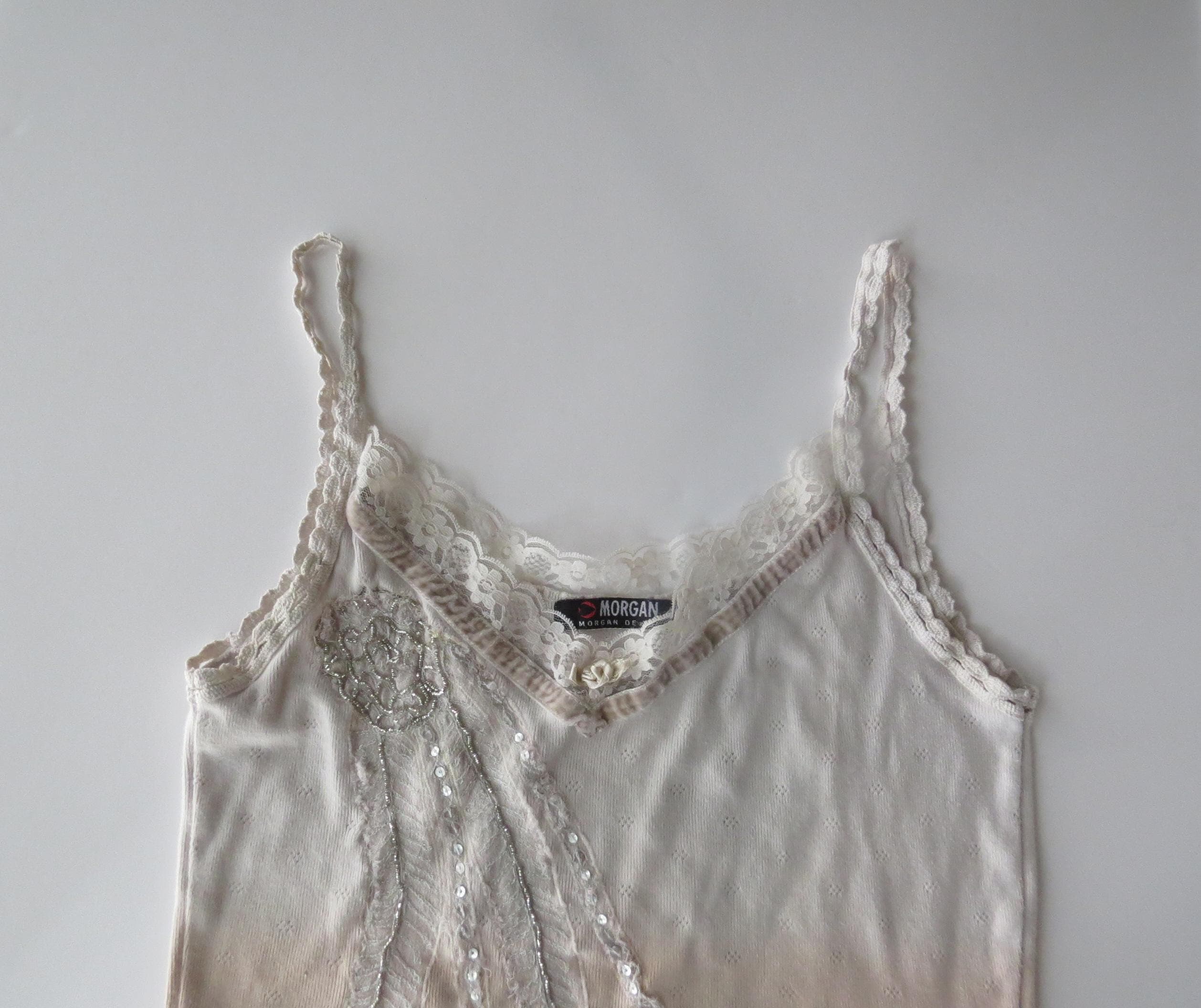 Morgan de Toi Ombre Knit Camisole, Beaded Sequin Lace Trim, 2000s Fairy French Top