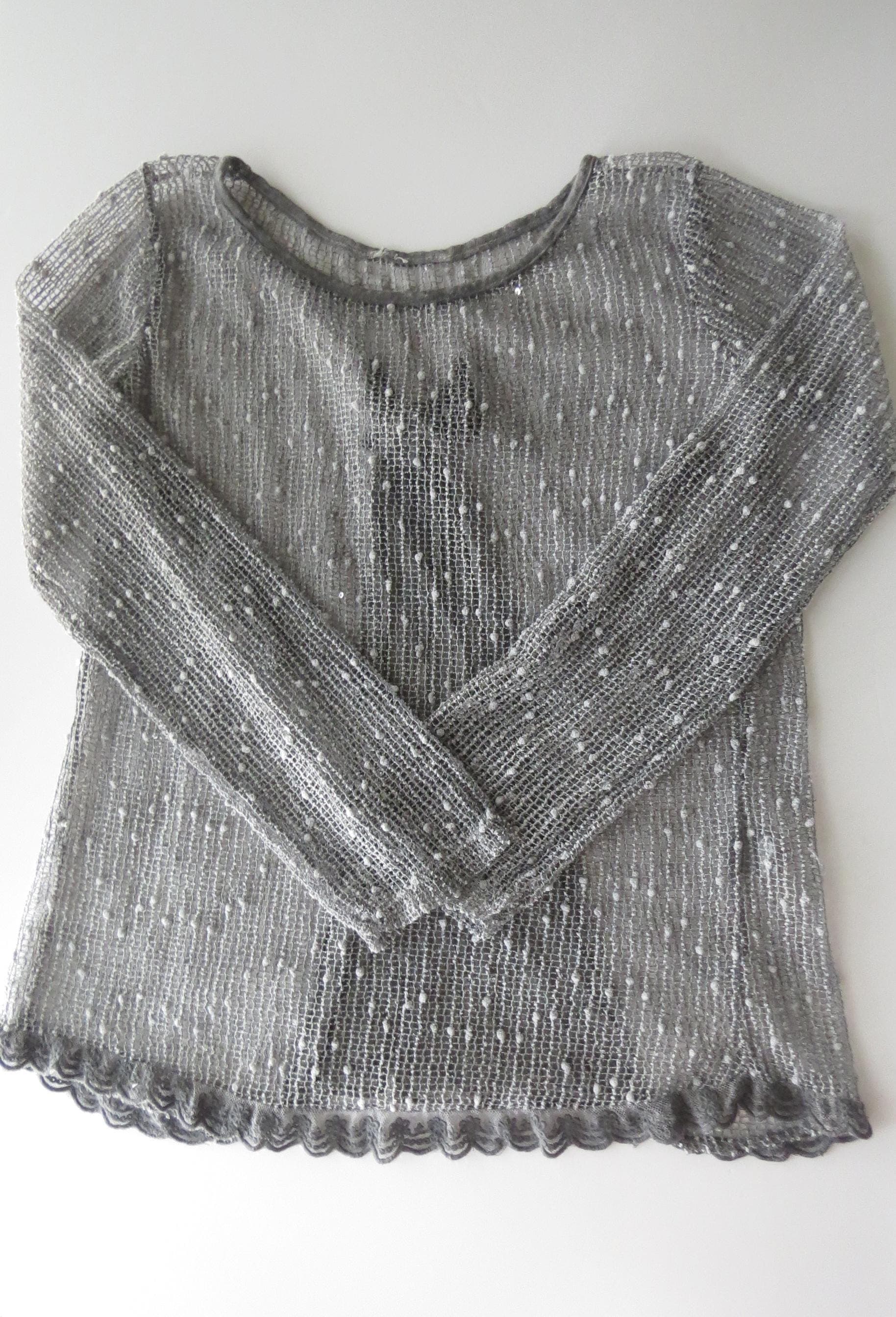 Vintage Italian Silk Open Knit Sweater, Sheer Grey, Made in Italy, Sequins Boucle Dot